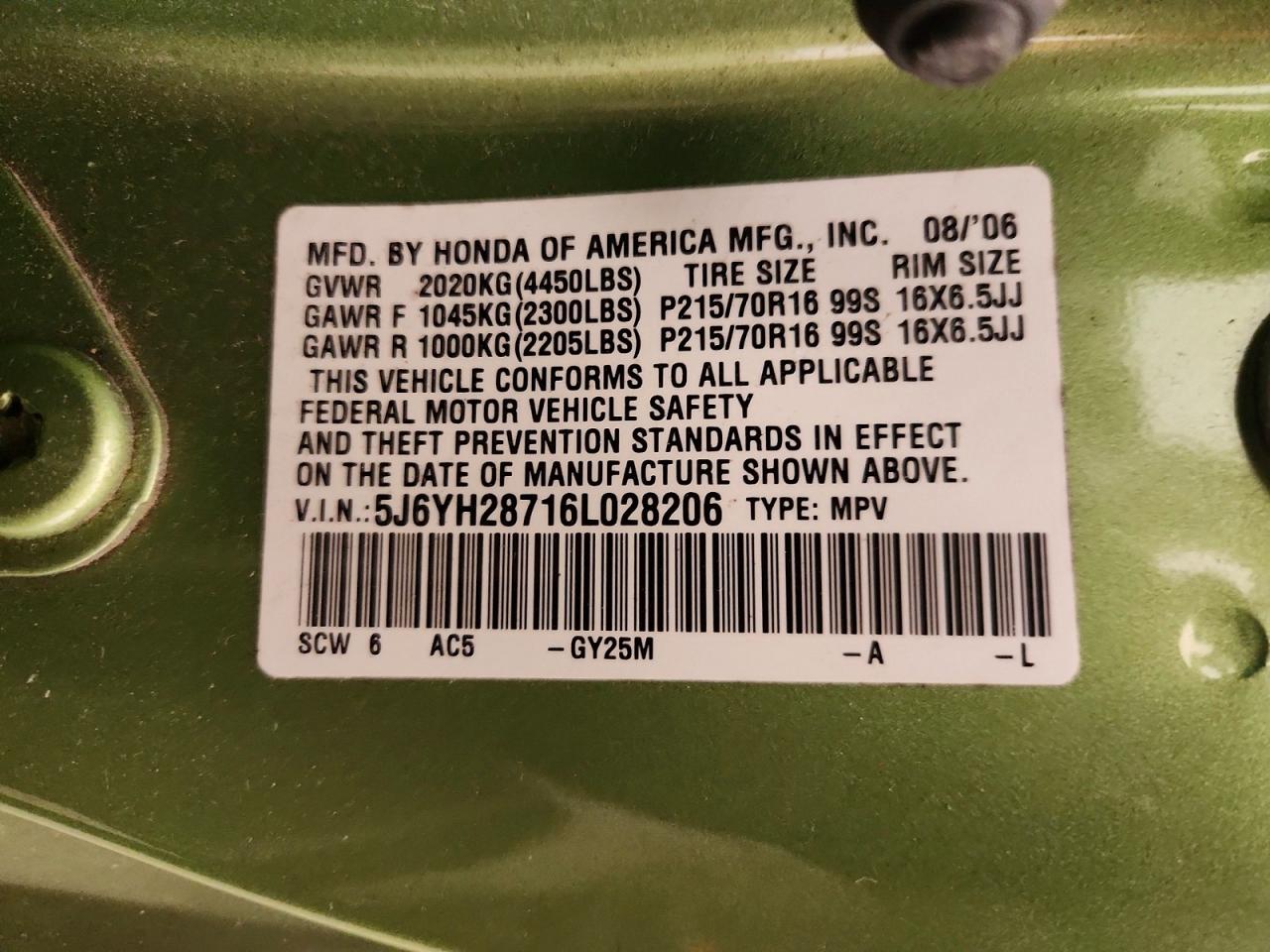 2006 Honda Element Ex Green vin: 5J6YH28716L028206