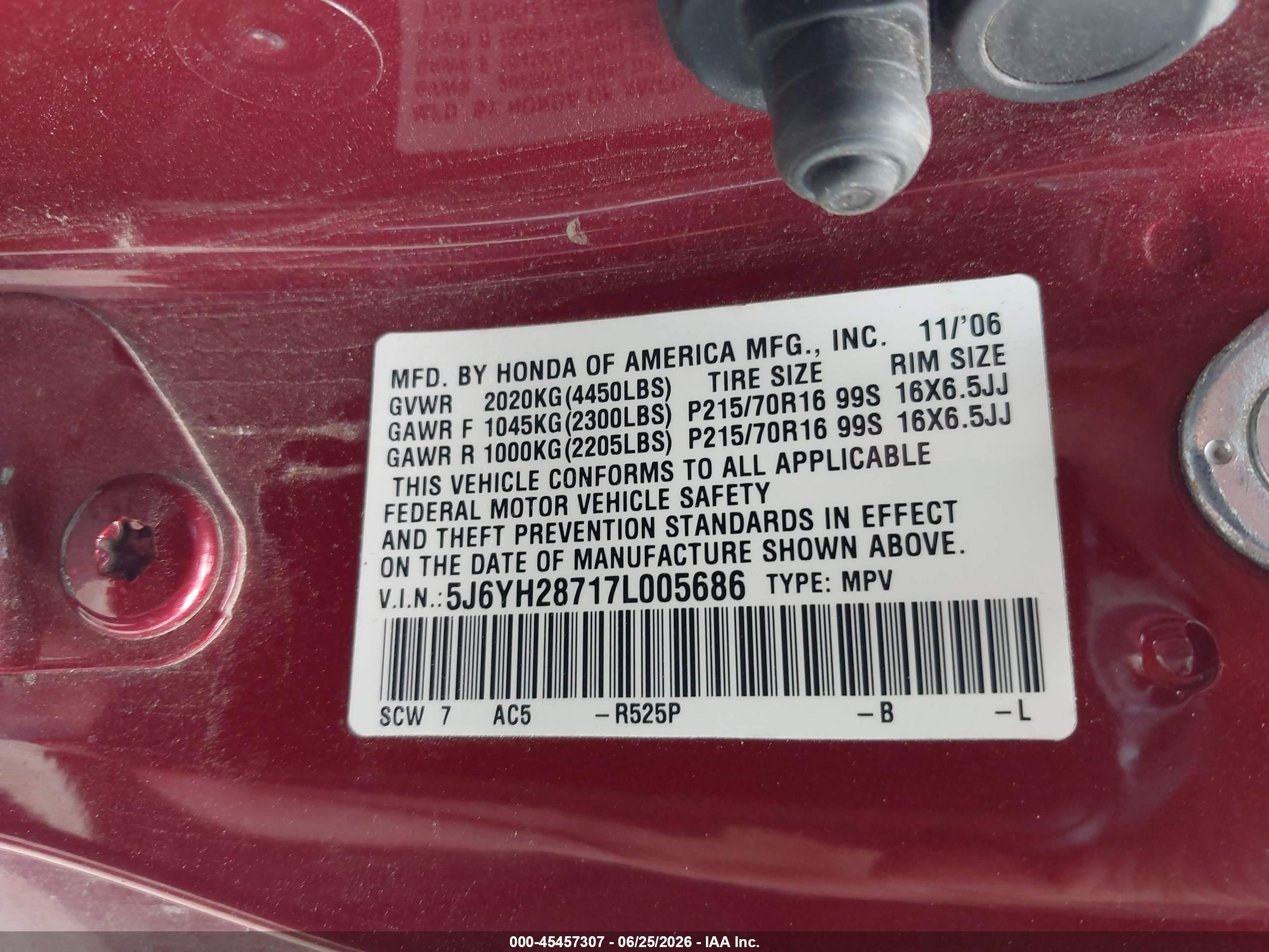 2007 Honda Element Ex Red vin: 5J6YH28717L005686