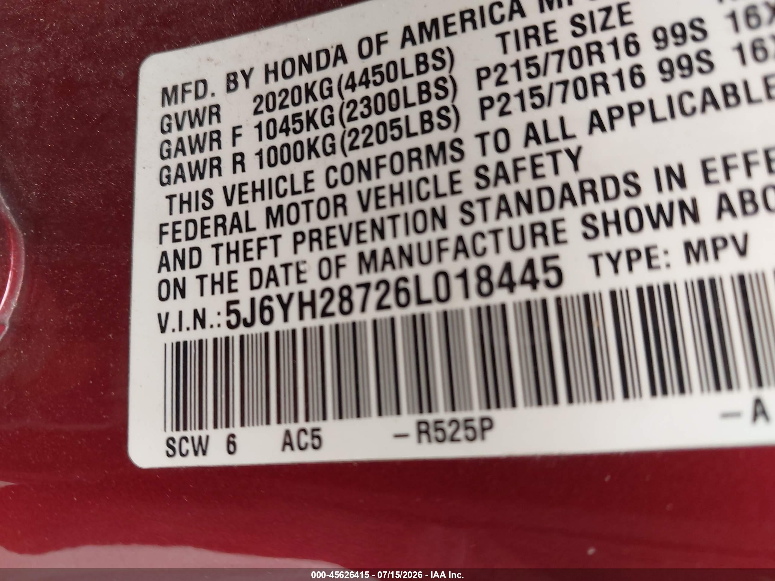 2006 Honda Element Ex-p Red vin: 5J6YH28726L018445