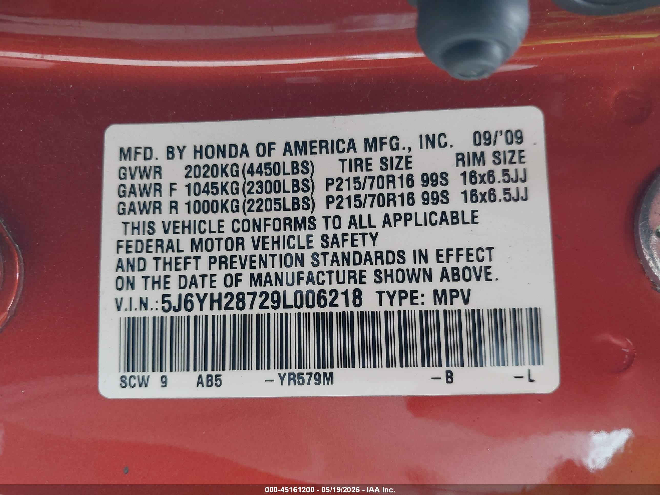 2009 Honda Element Ex Orange vin: 5J6YH28729L006218
