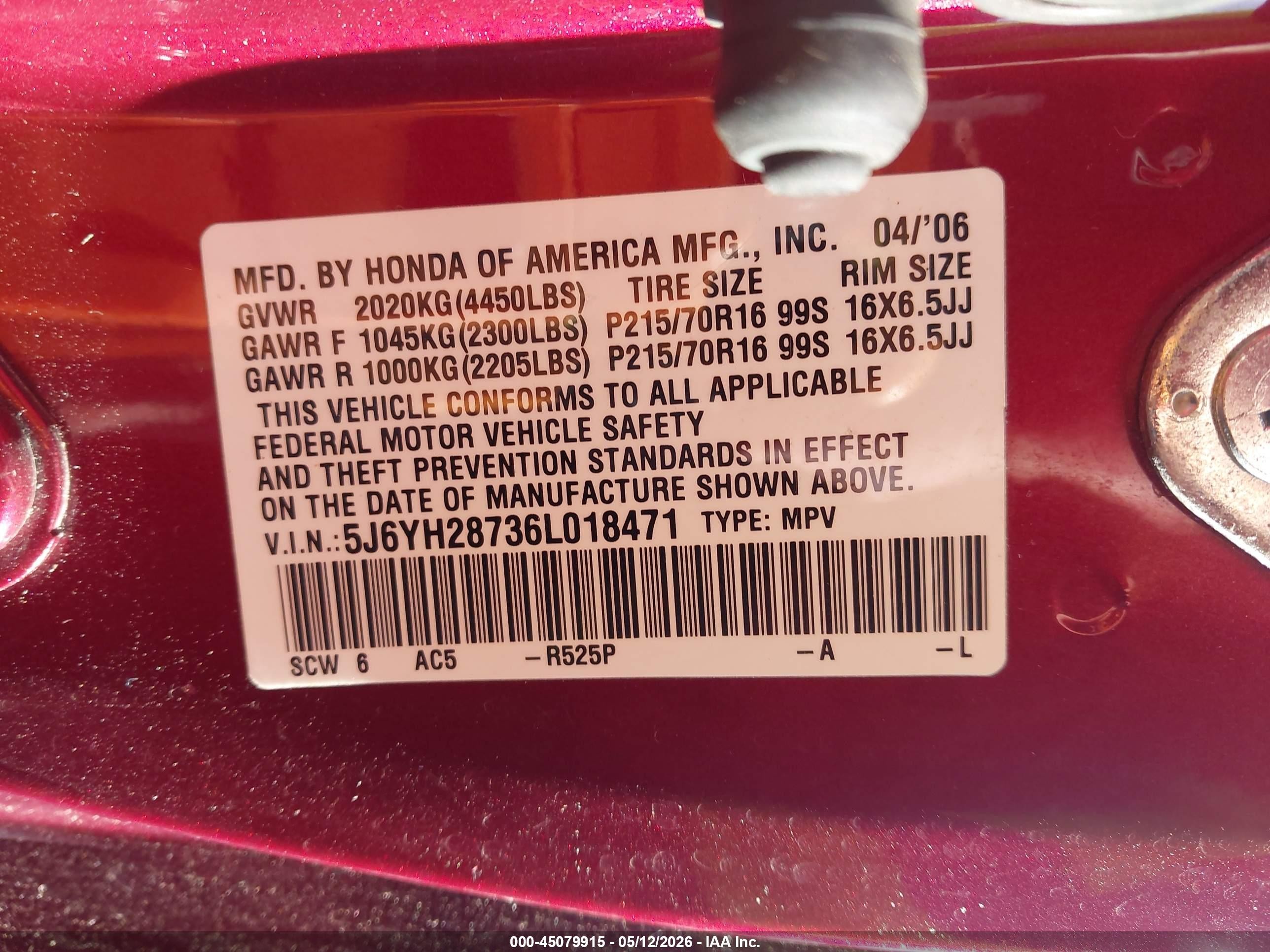2006 Honda Element Ex-p Red vin: 5J6YH28736L018471