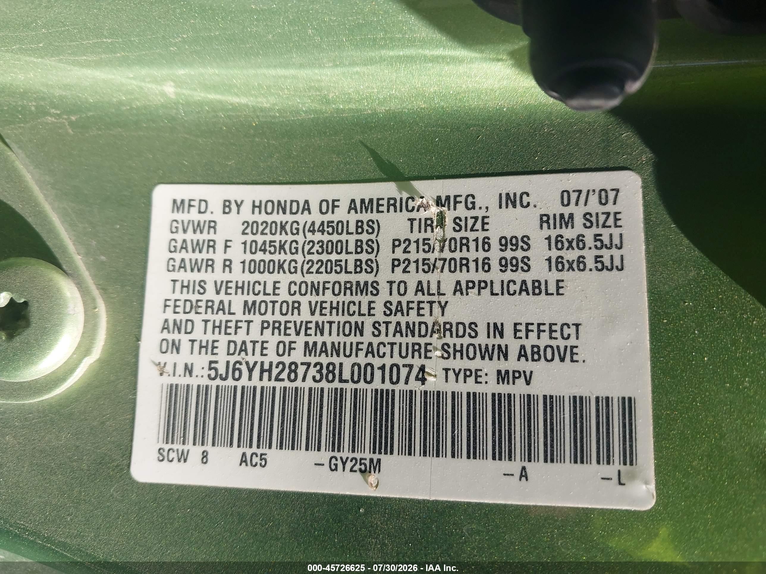 2008 Honda Element Ex Green vin: 5J6YH28738L001074