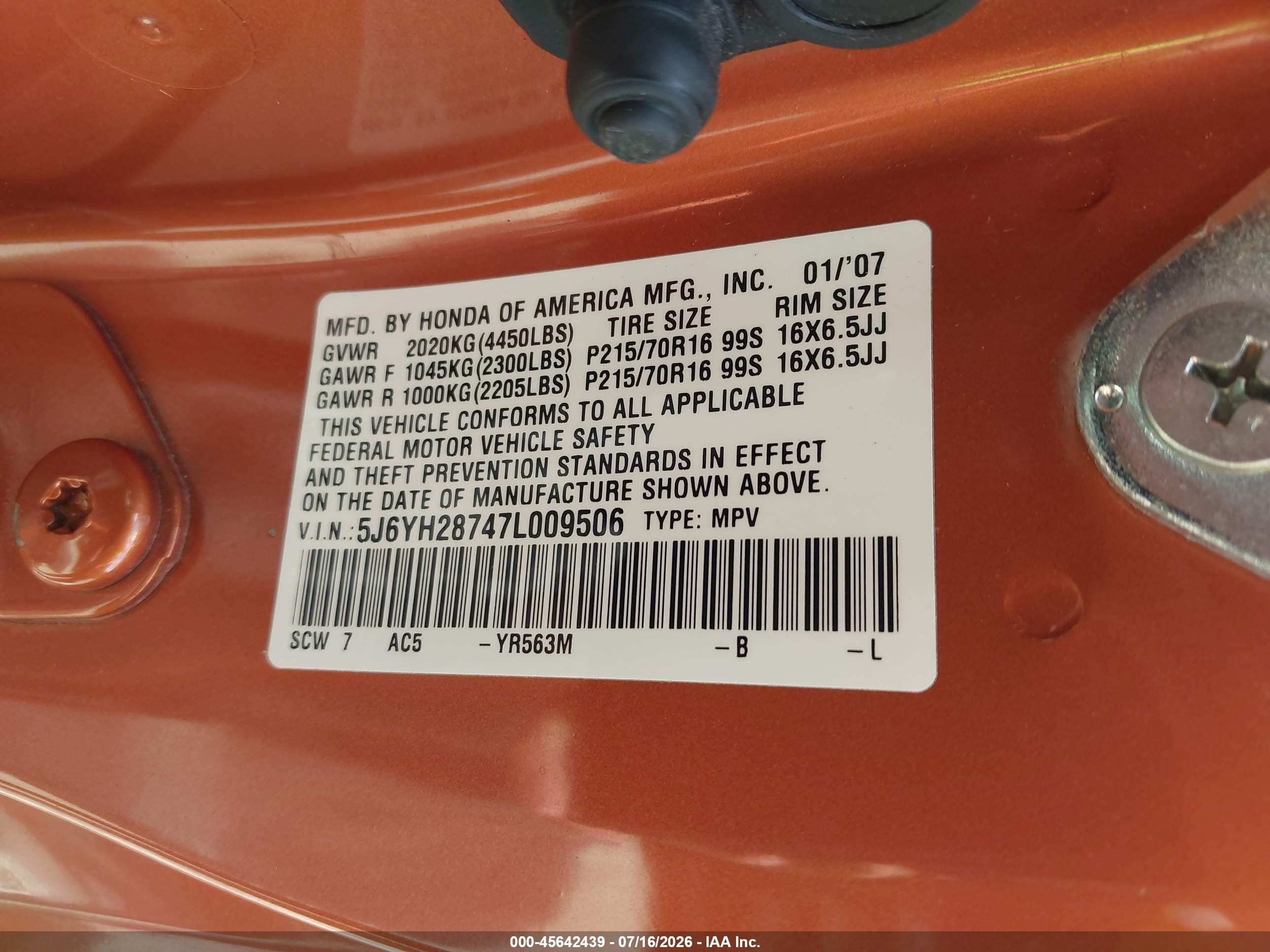 2007 Honda Element Ex Orange vin: 5J6YH28747L009506