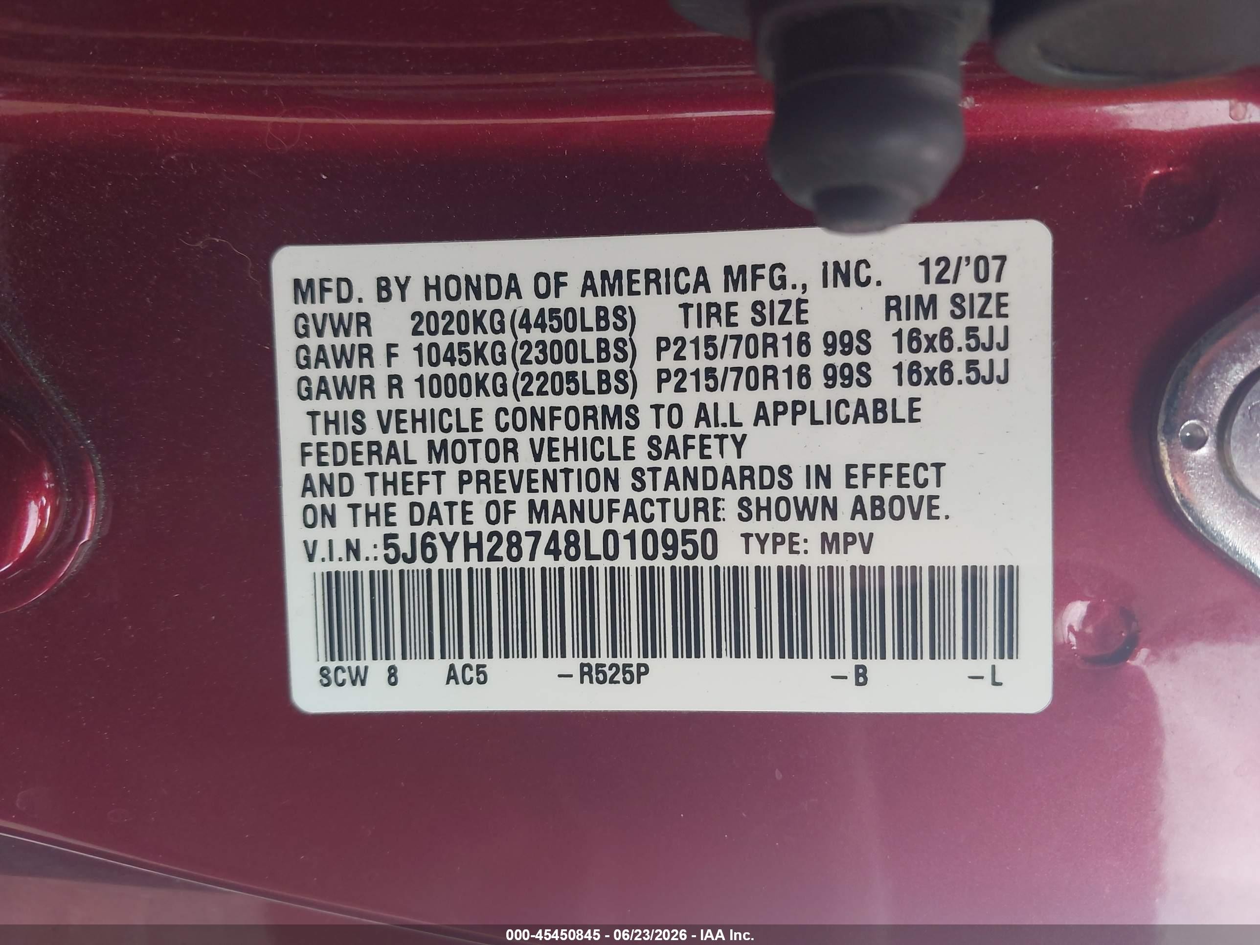 2008 Honda Element Ex Red vin: 5J6YH28748L010950
