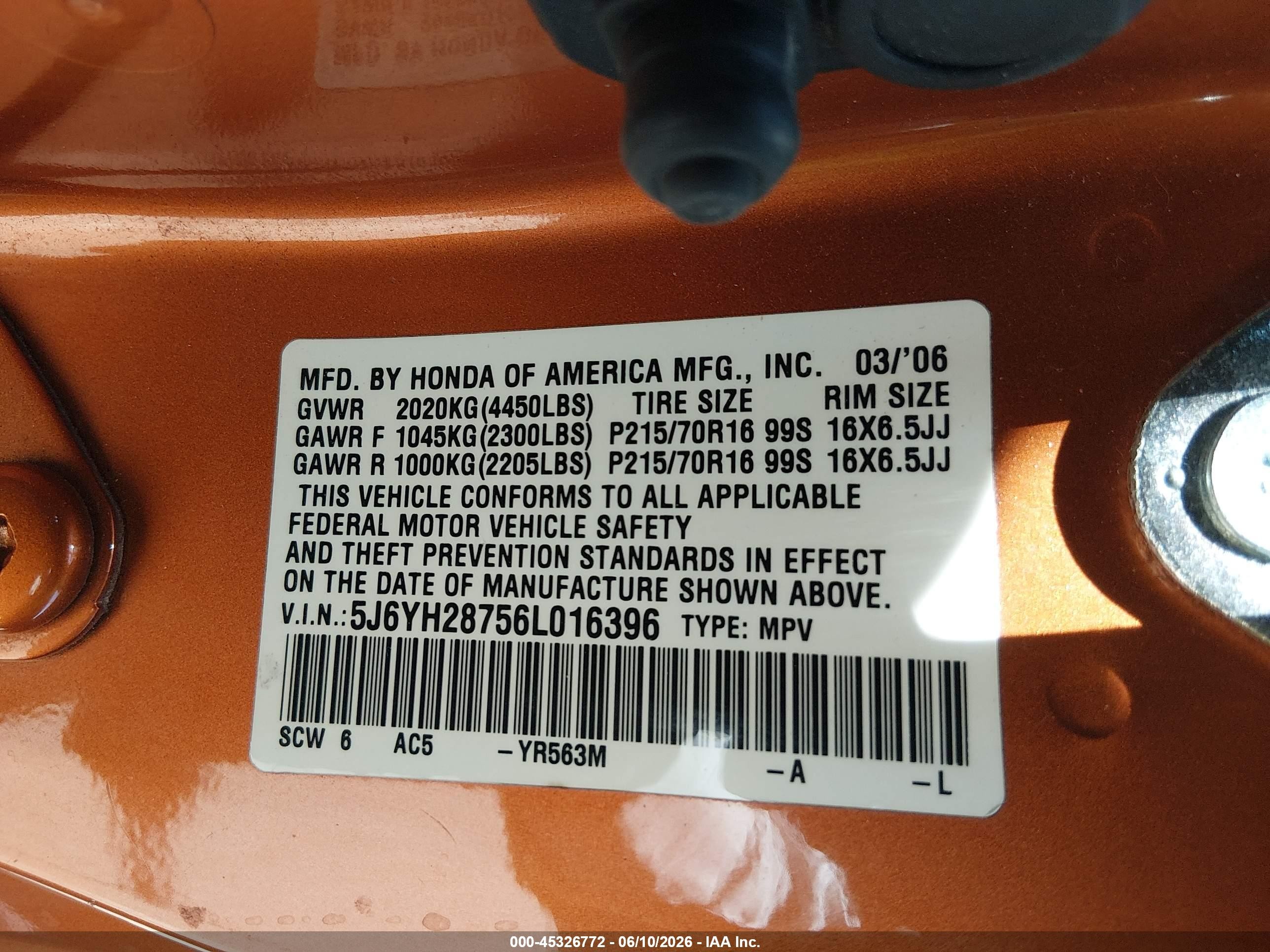 2006 Honda Element Ex-p Оранжевый vin: 5J6YH28756L016396