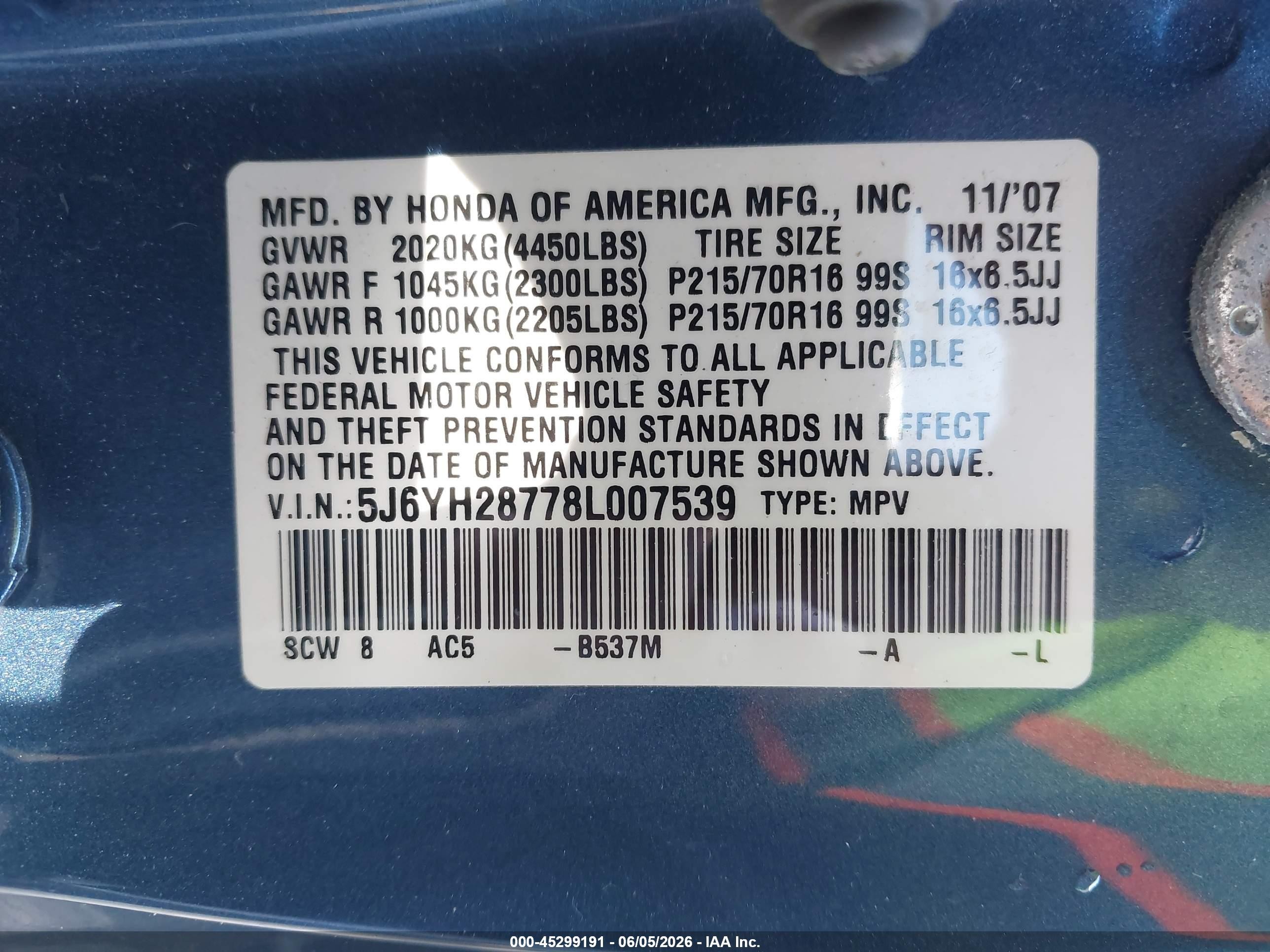 2008 Honda Element Ex Blue vin: 5J6YH28778L007539