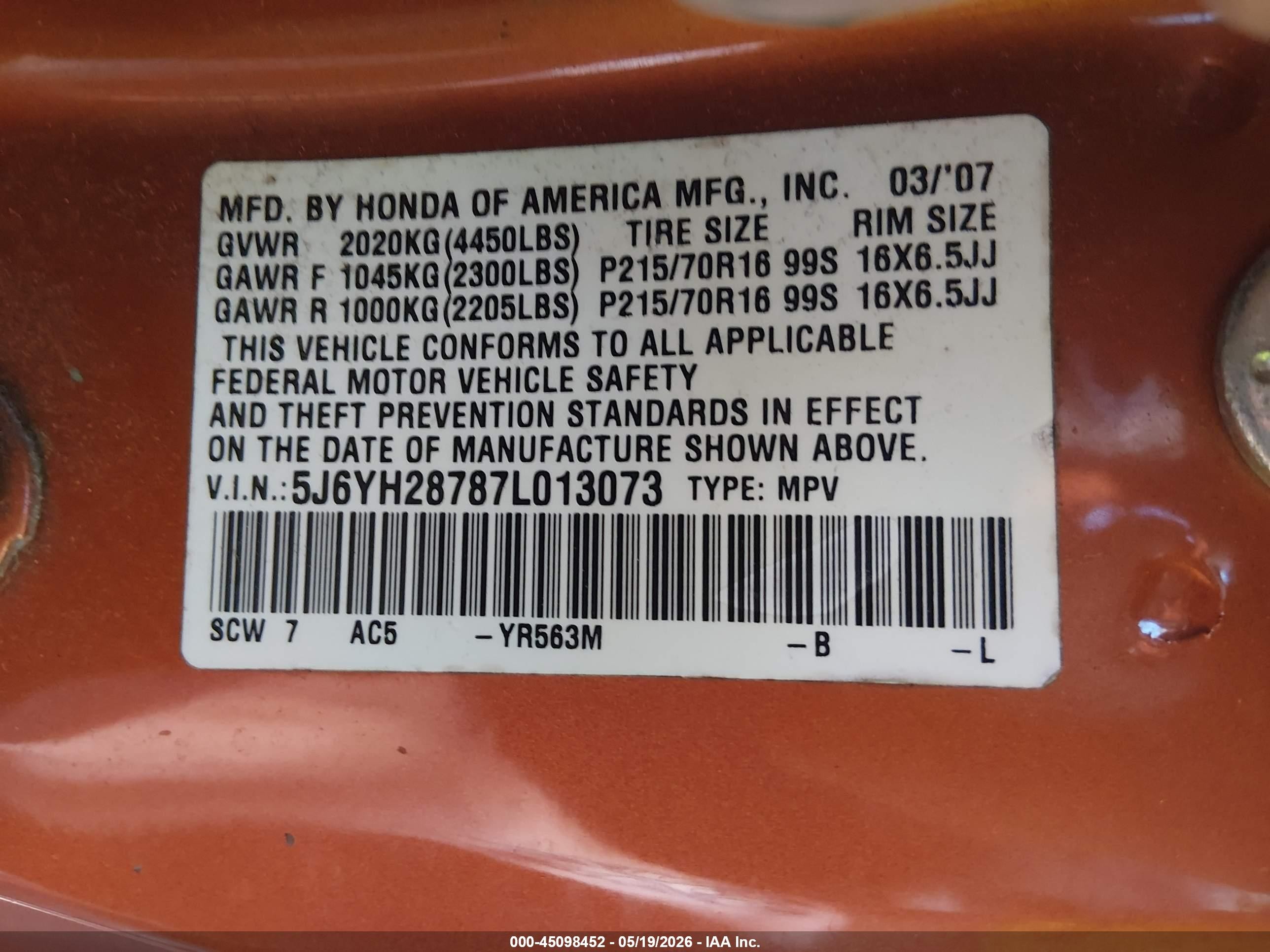 2007 Honda Element Ex Orange vin: 5J6YH28787L013073