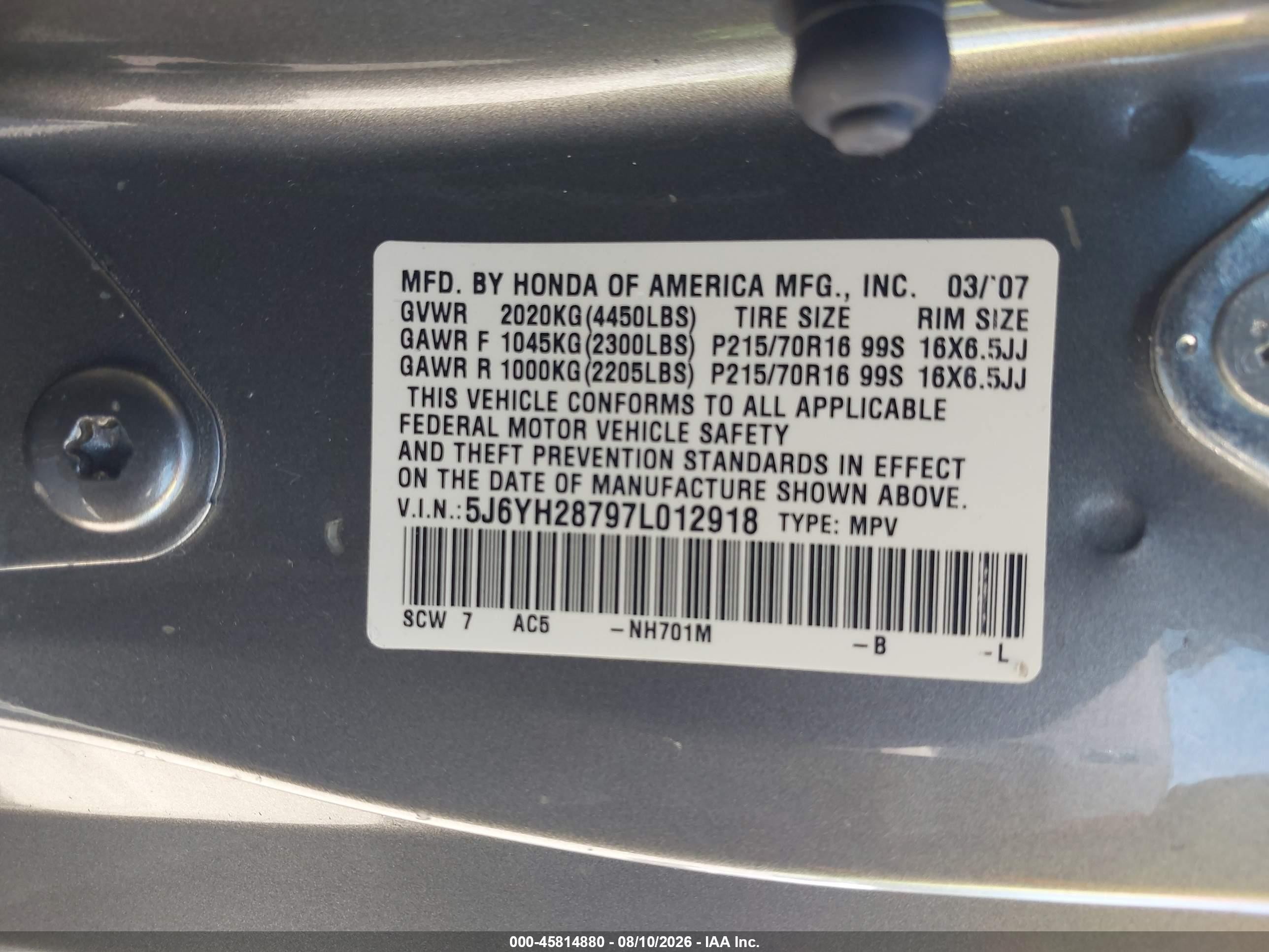 2007 Honda Element Ex Pewter vin: 5J6YH28797L012918