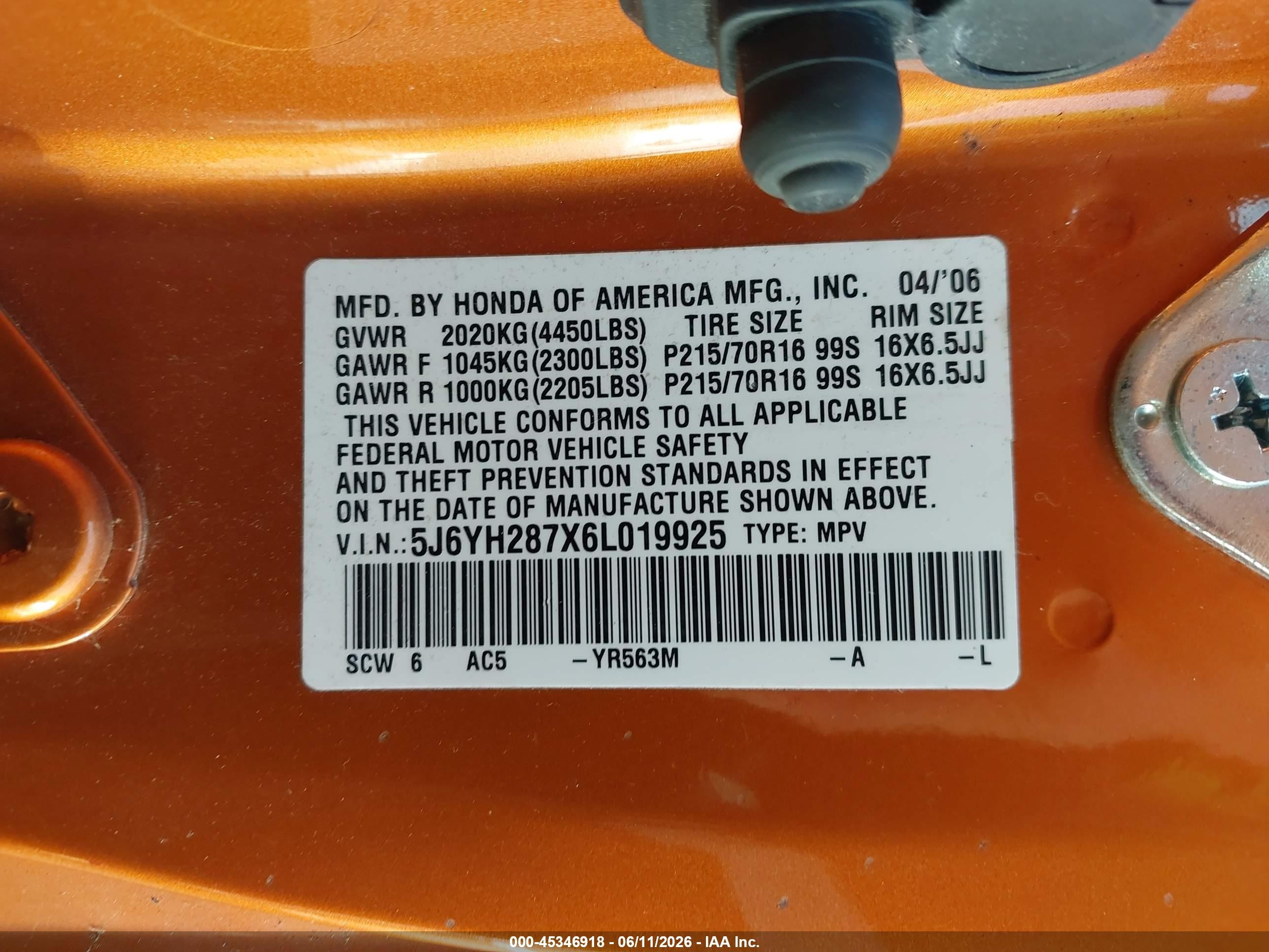 2006 Honda Element Ex-p Orange vin: 5J6YH287X6L019925