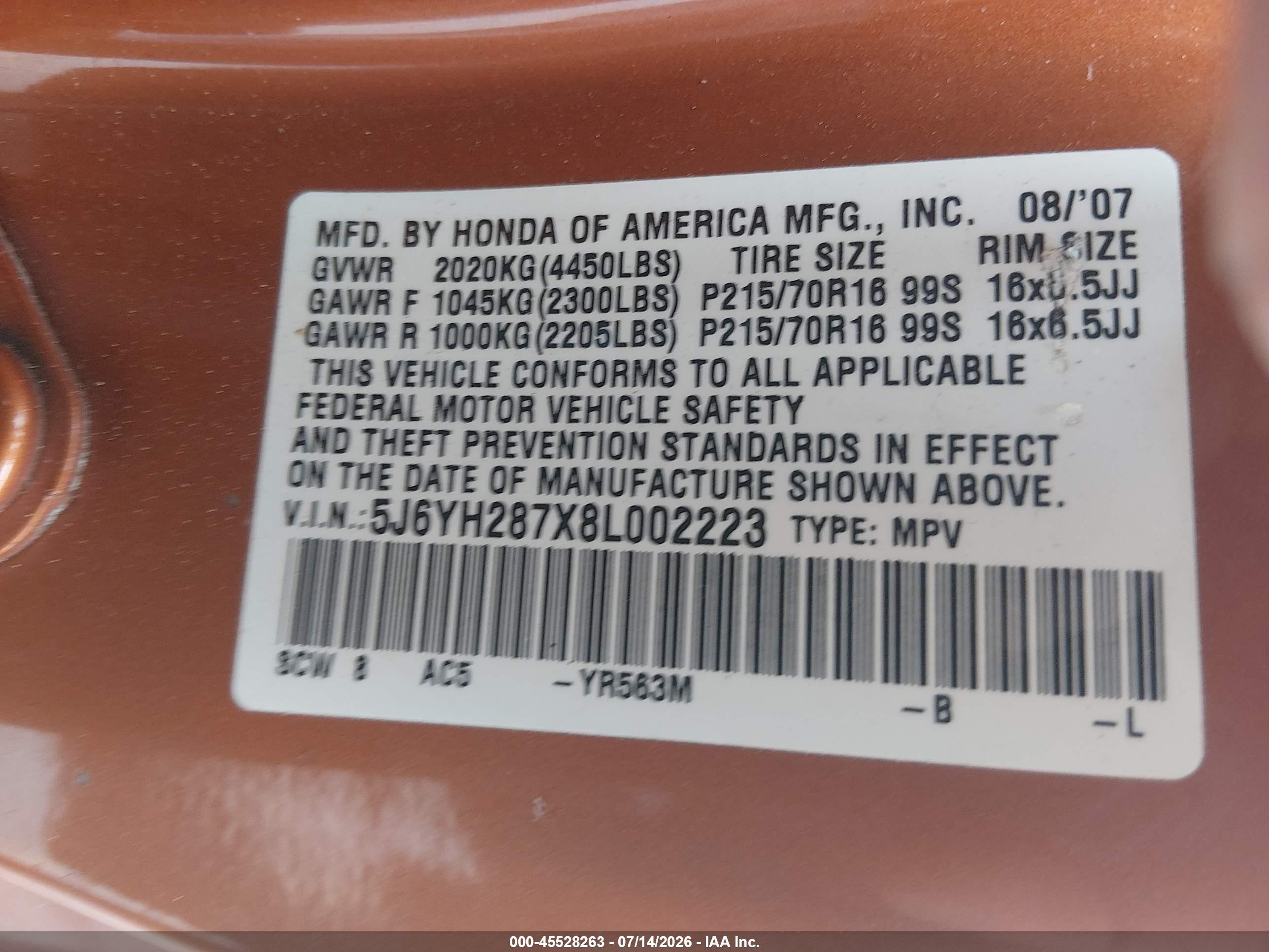 2008 Honda Element Ex Orange vin: 5J6YH287X8L002223