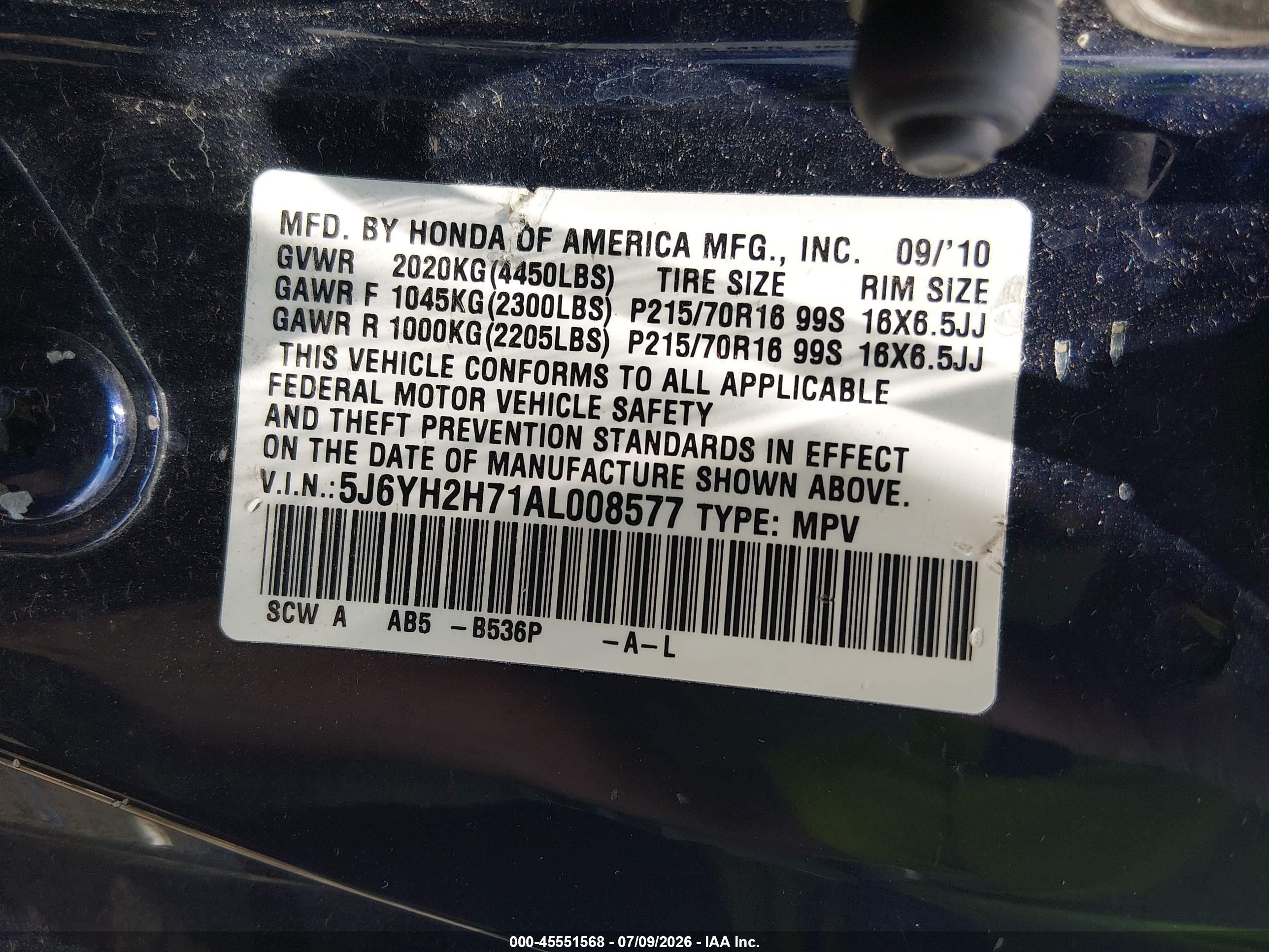 2010 Honda Element Ex Blue vin: 5J6YH2H71AL008577