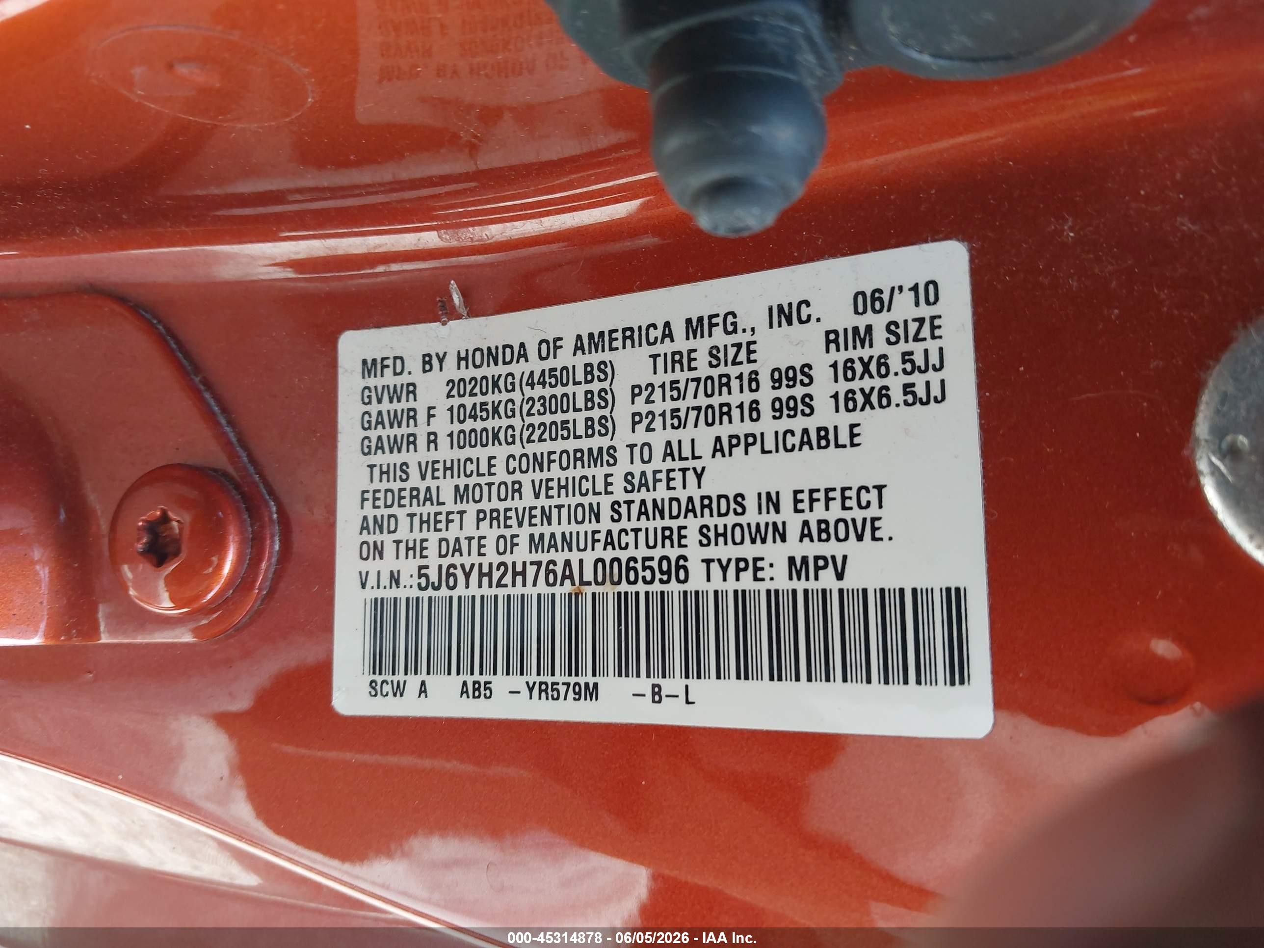 2010 Honda Element Ex Orange vin: 5J6YH2H76AL006596