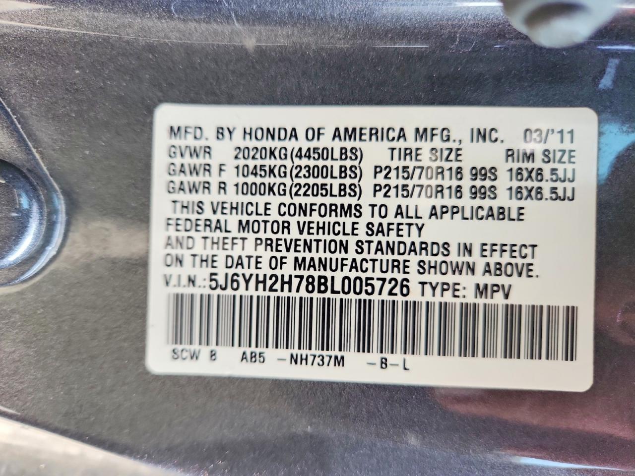 2011 Honda Element Ex Charcoal vin: 5J6YH2H78BL005726
