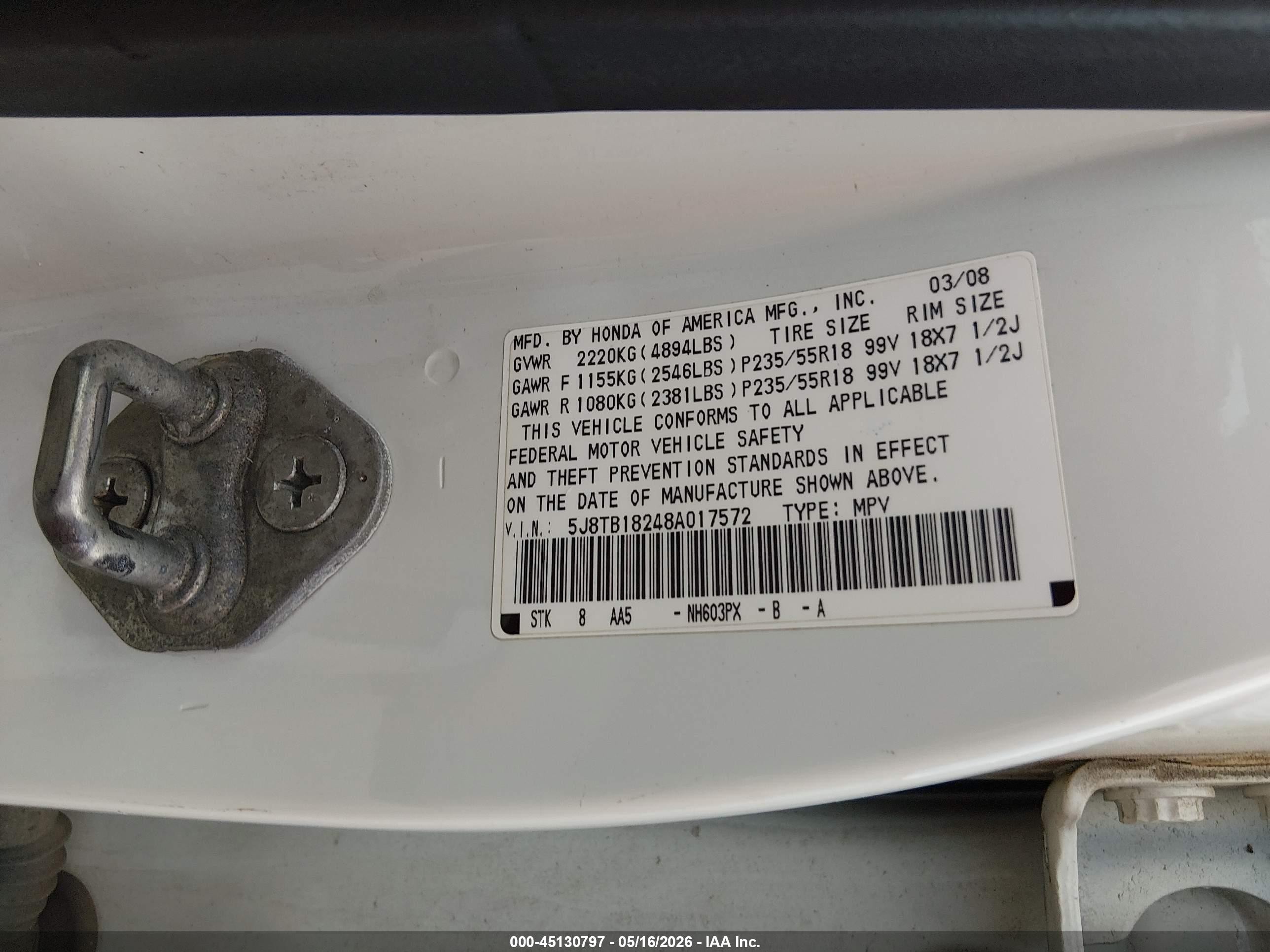 2008 Acura Rdx   White vin: 5J8TB18248A017572