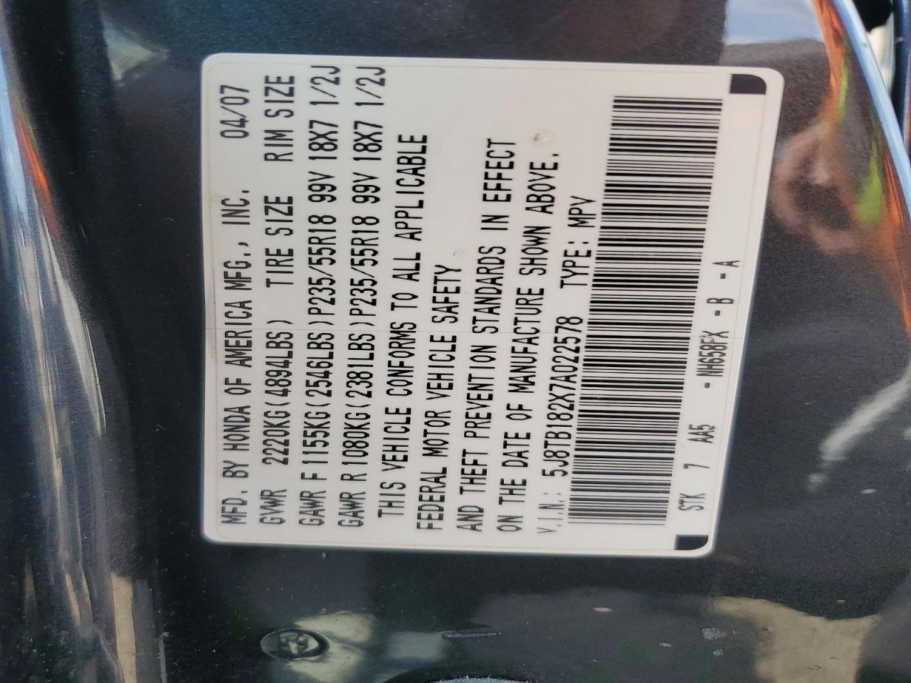 2007 Acura Rdx Blue vin: 5J8TB182X7A022578