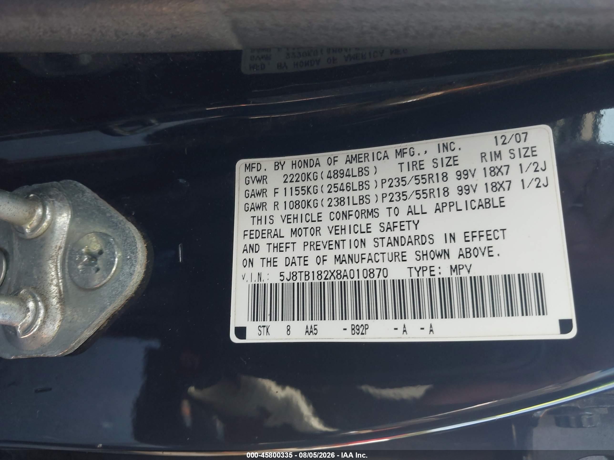 2008 Acura Rdx Black vin: 5J8TB182X8A010870