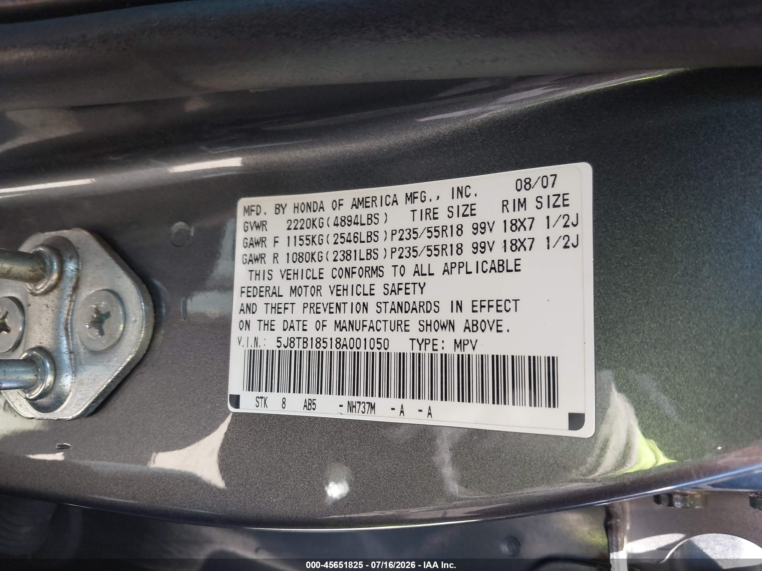 2008 Acura Rdx   Gray vin: 5J8TB18518A001050