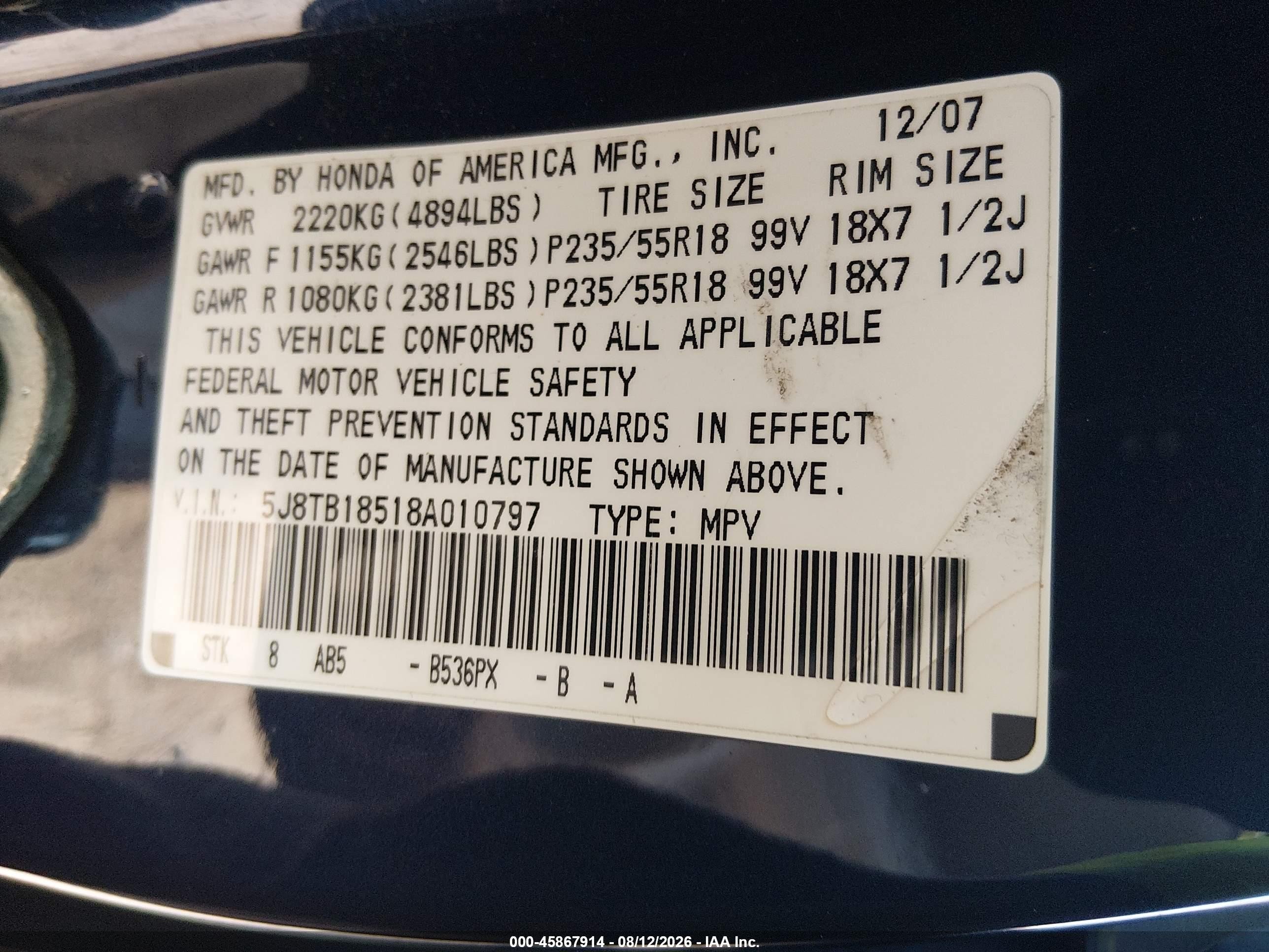 2008 Acura Rdx   Navy vin: 5J8TB18518A010797