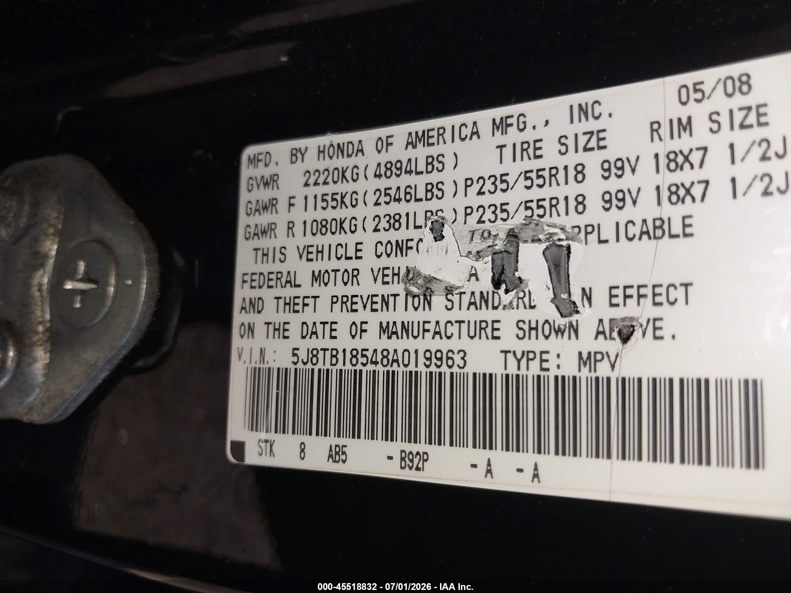 2008 Acura Rdx   Black vin: 5J8TB18548A019963