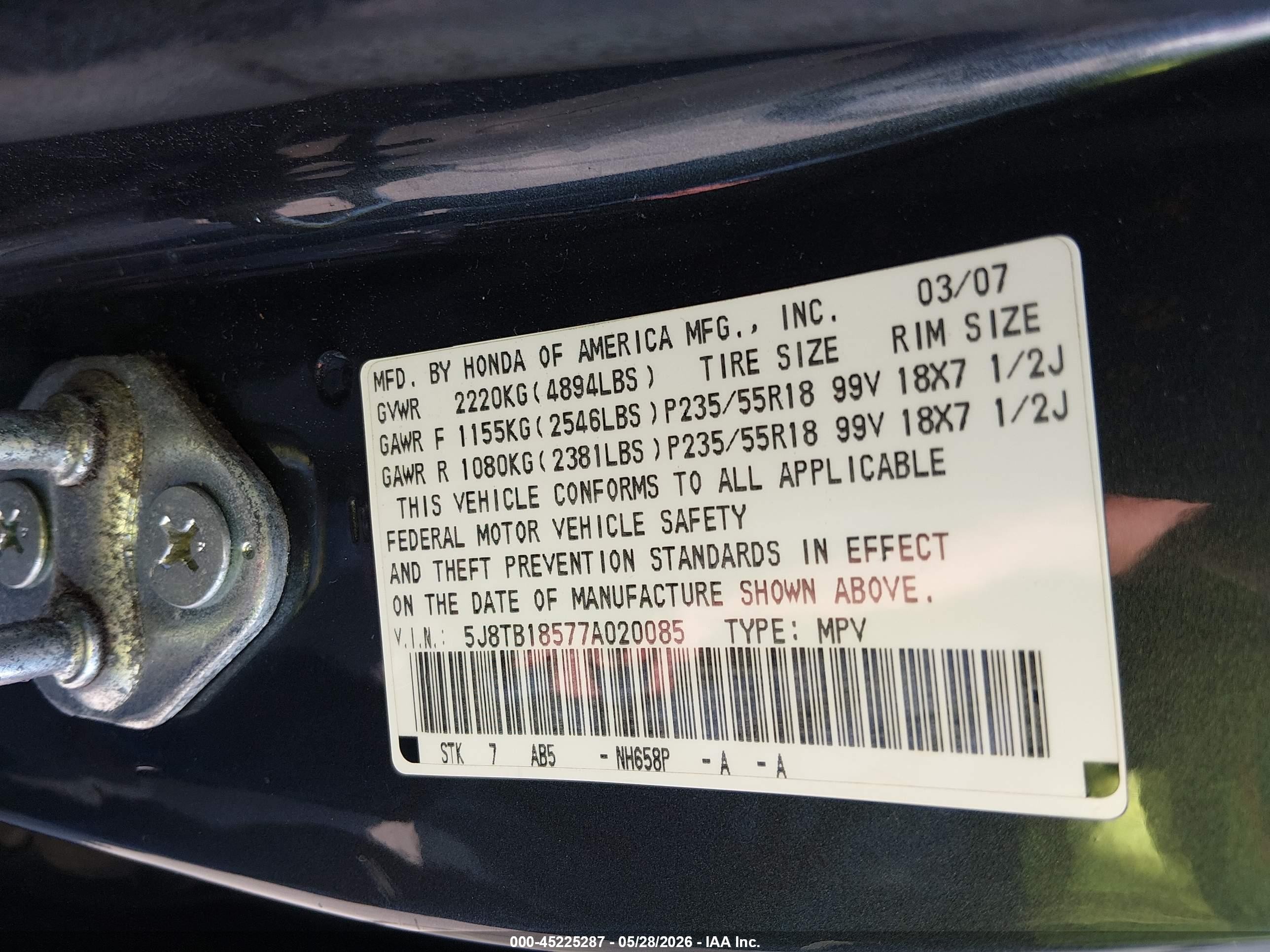 2007 Acura Rdx   Gray vin: 5J8TB18577A020085