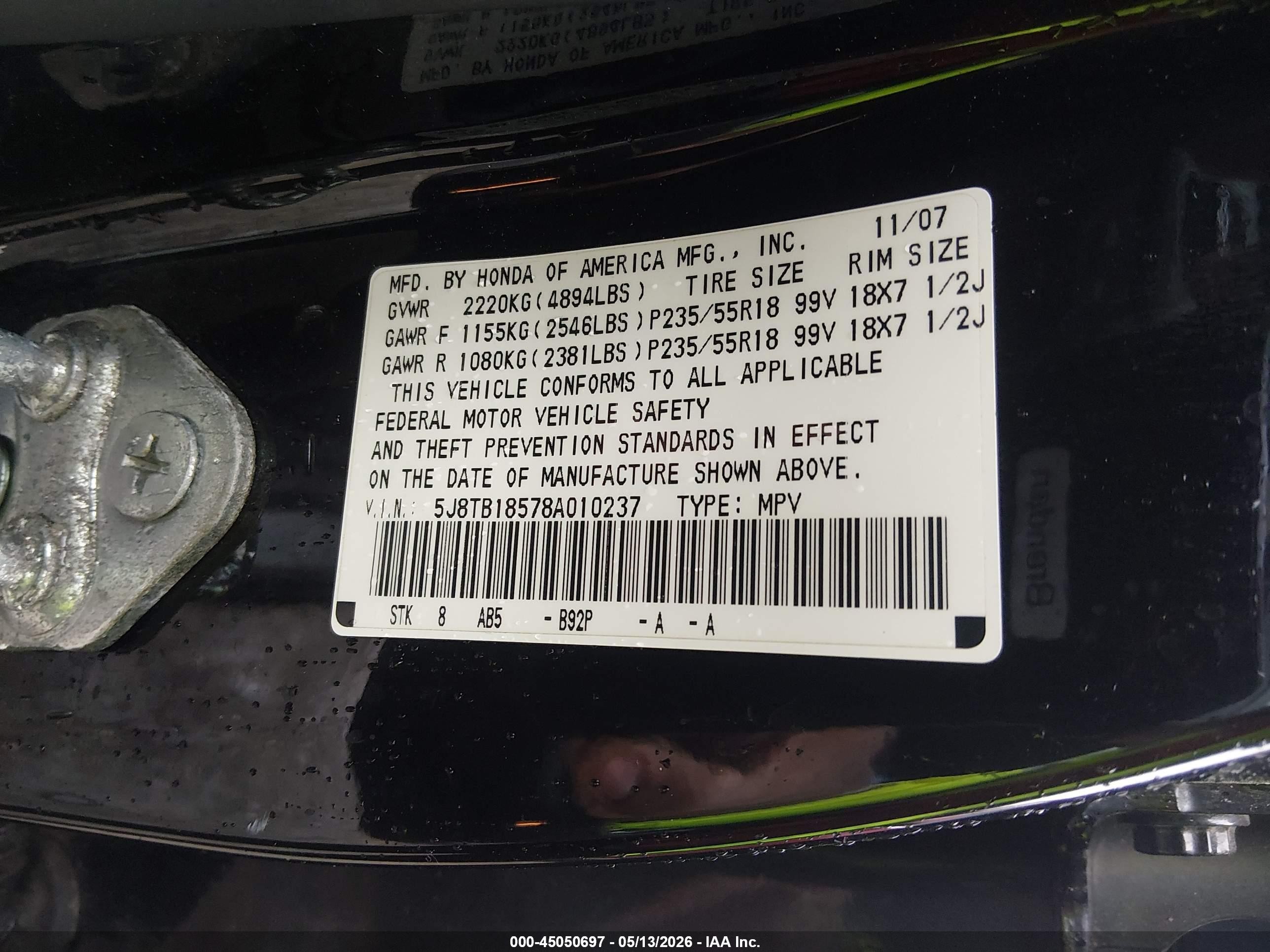 2008 Acura Rdx   Black vin: 5J8TB18578A010237
