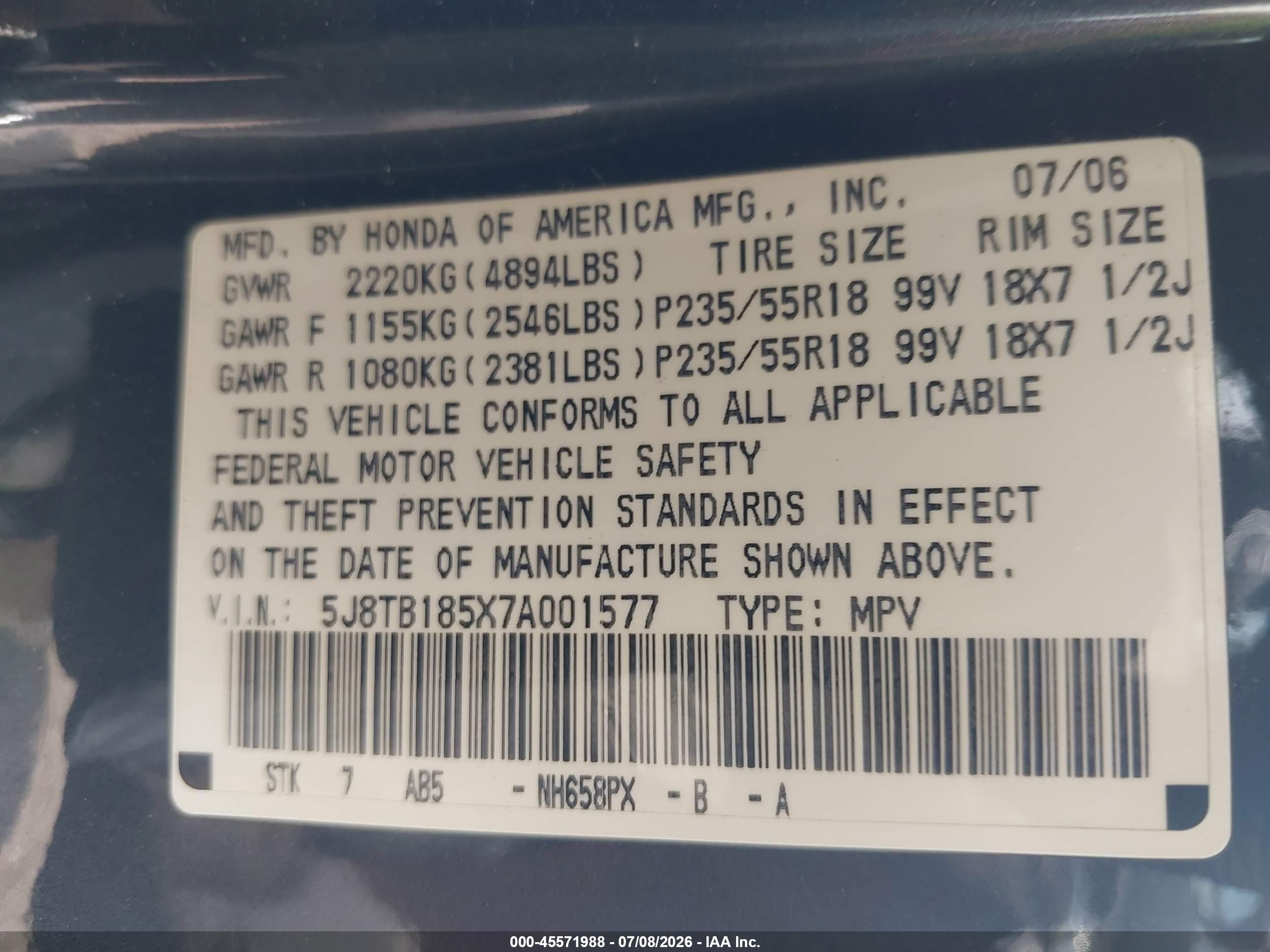 2007 Acura Rdx   Gray vin: 5J8TB185X7A001577