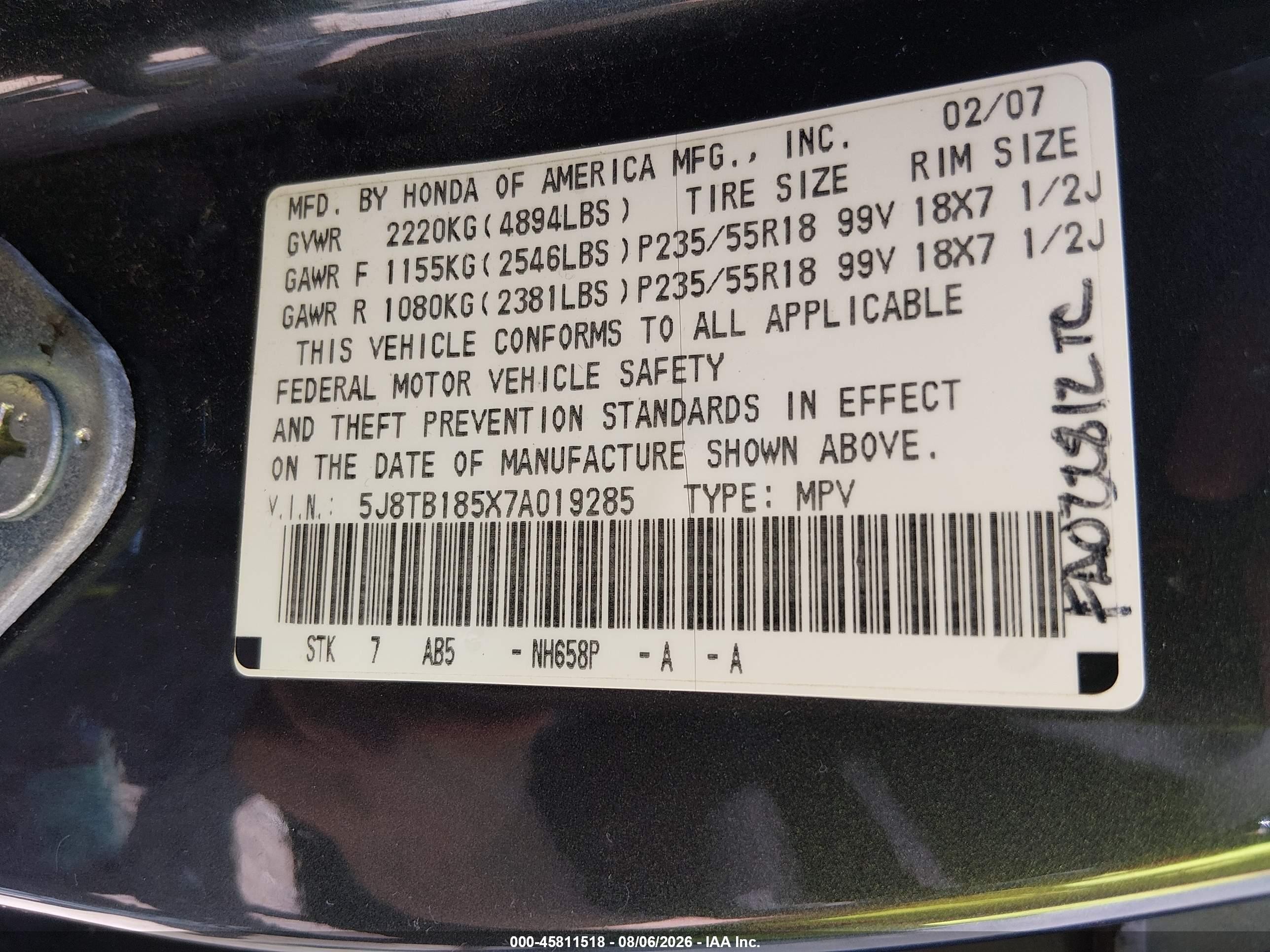 2007 Acura Rdx   Gray vin: 5J8TB185X7A019285