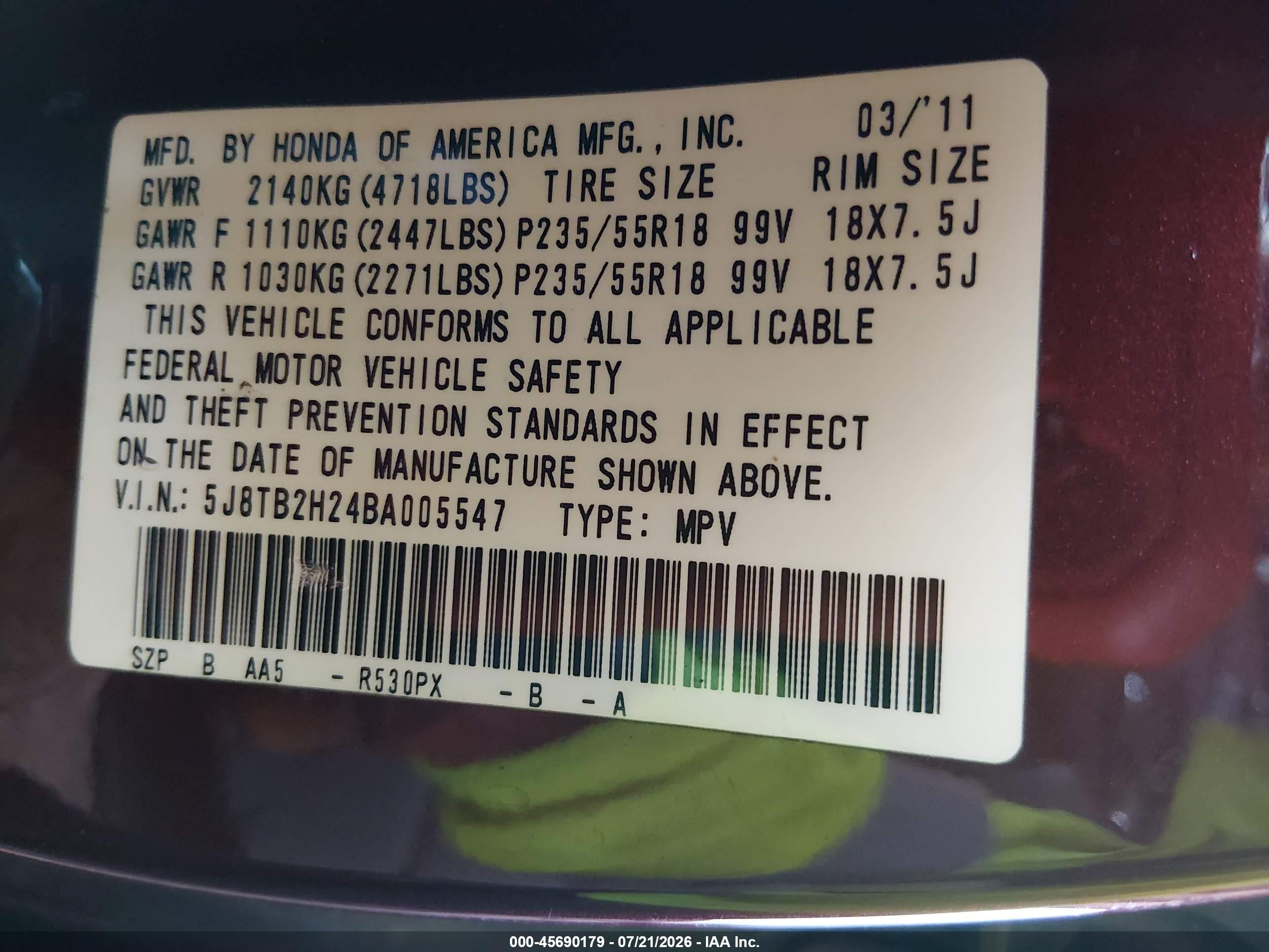 2011 Acura Rdx   Red vin: 5J8TB2H24BA005547