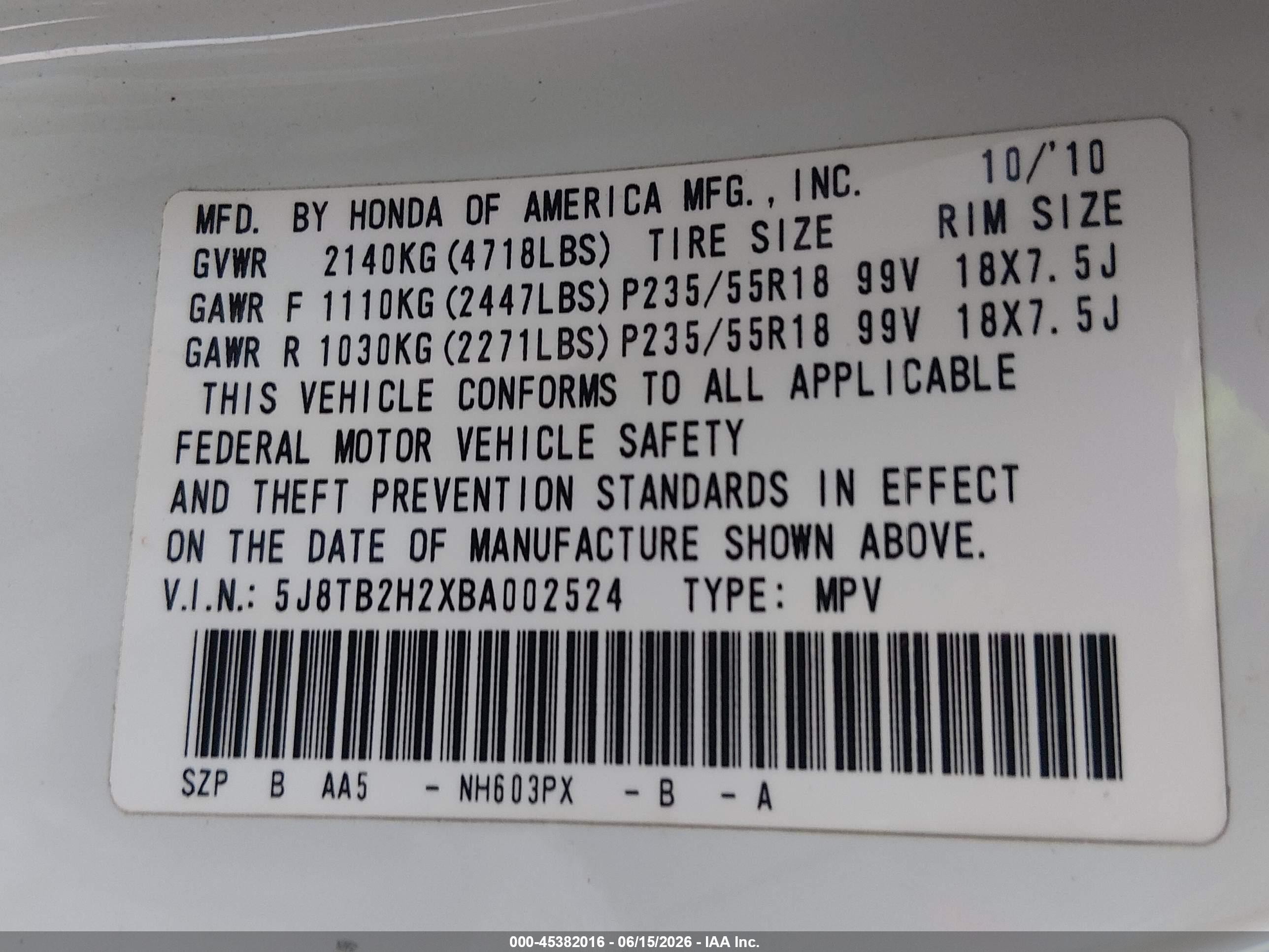 2011 Acura Rdx   White vin: 5J8TB2H2XBA002524