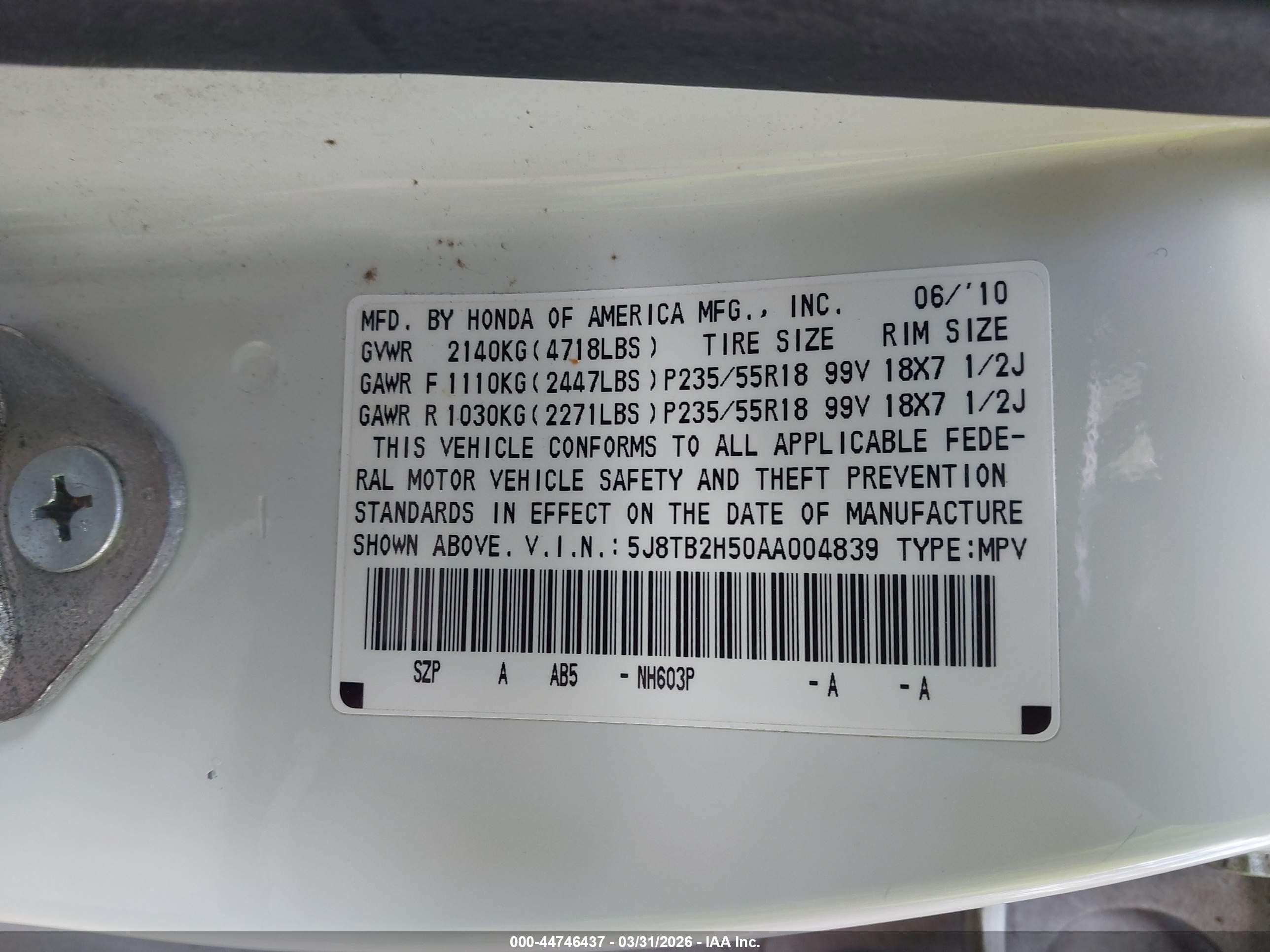 2010 Acura Rdx   White vin: 5J8TB2H50AA004839