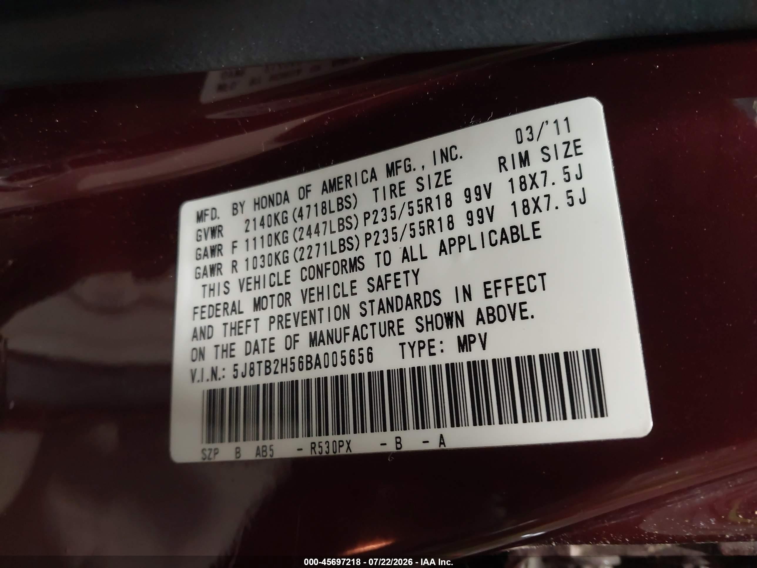 2011 Acura Rdx   Burgundy vin: 5J8TB2H56BA005656