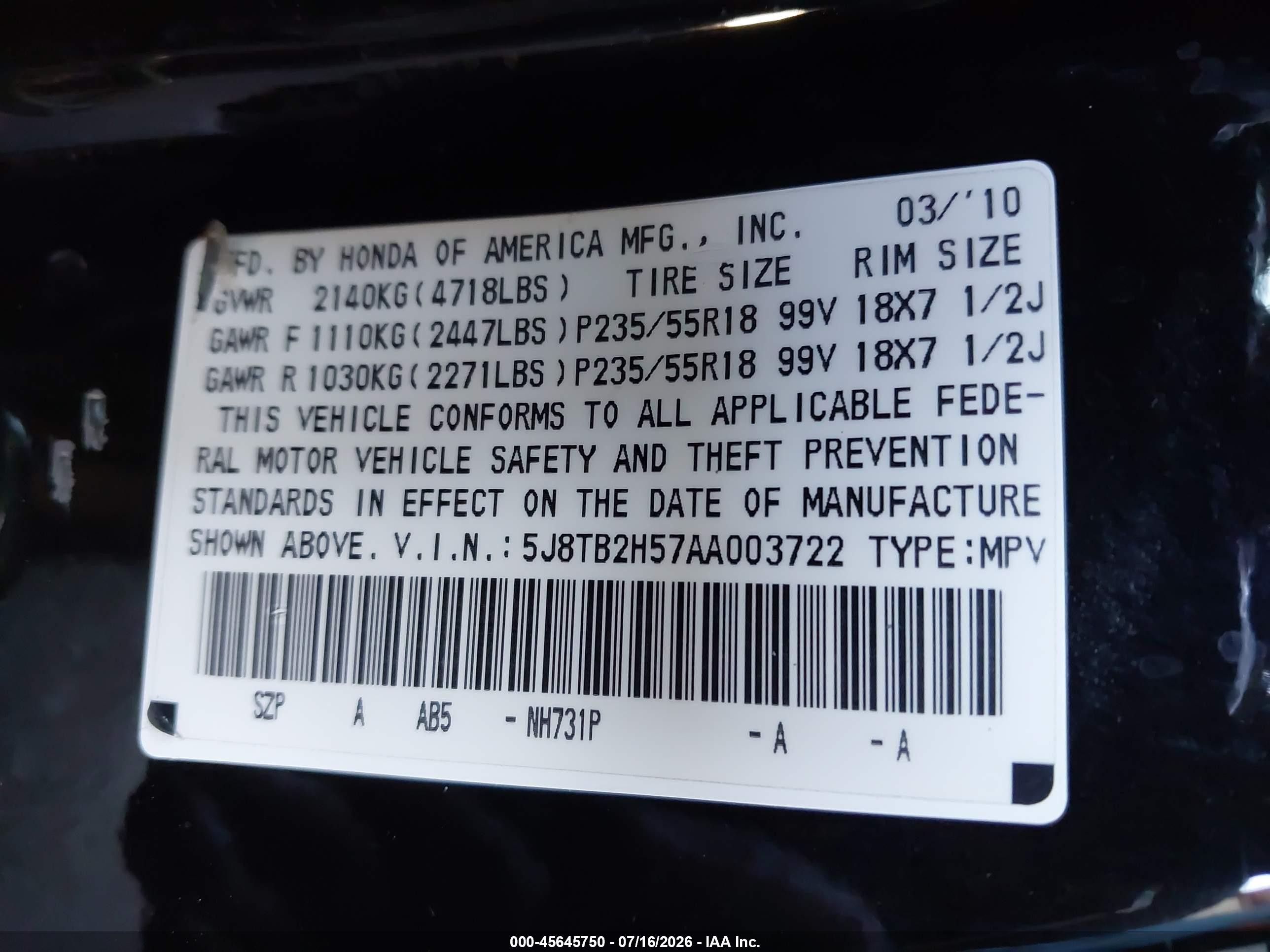 2010 Acura Rdx   Black vin: 5J8TB2H57AA003722