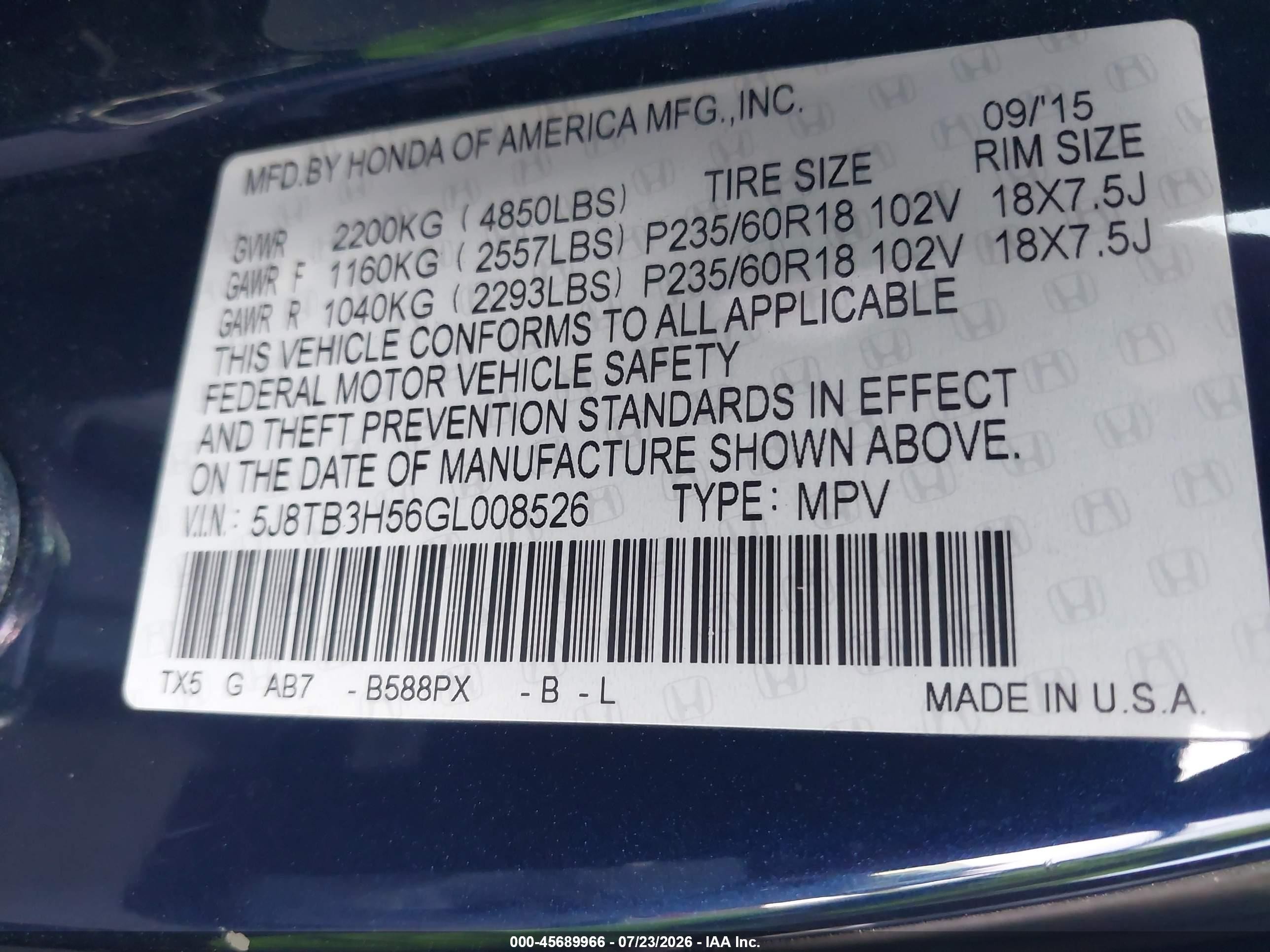 2016 Acura Rdx Technology   Acurawatch Plus Packages/technology Package Blue vin: 5J8TB3H56GL008526