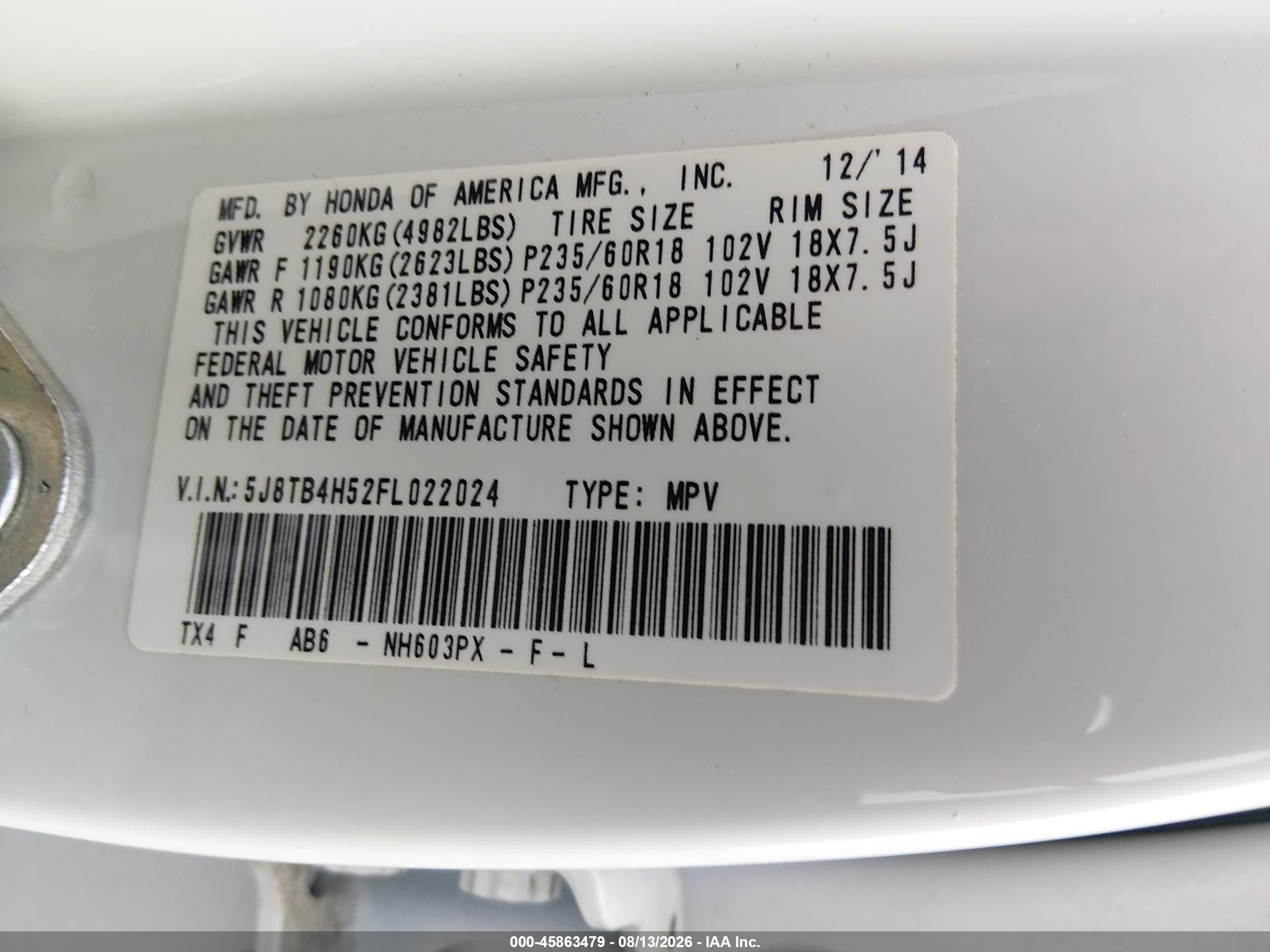 2015 Acura Rdx   White vin: 5J8TB4H52FL022024