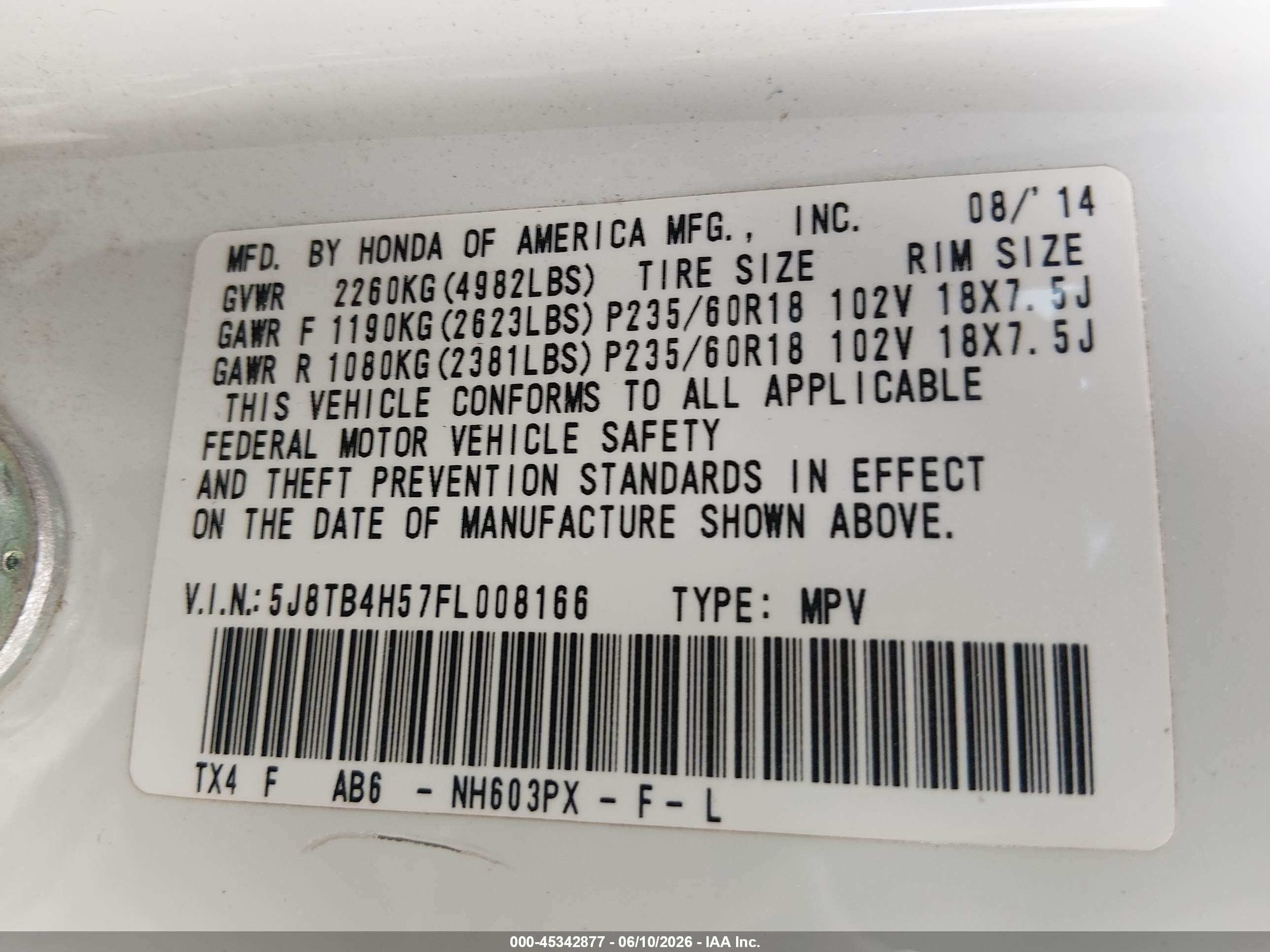 2015 Acura Rdx   White vin: 5J8TB4H57FL008166