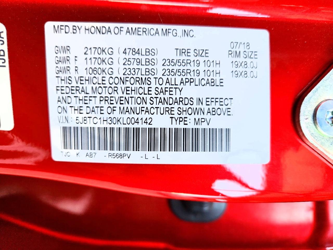 2019 Acura Rdx Red vin: 5J8TC1H30KL004142