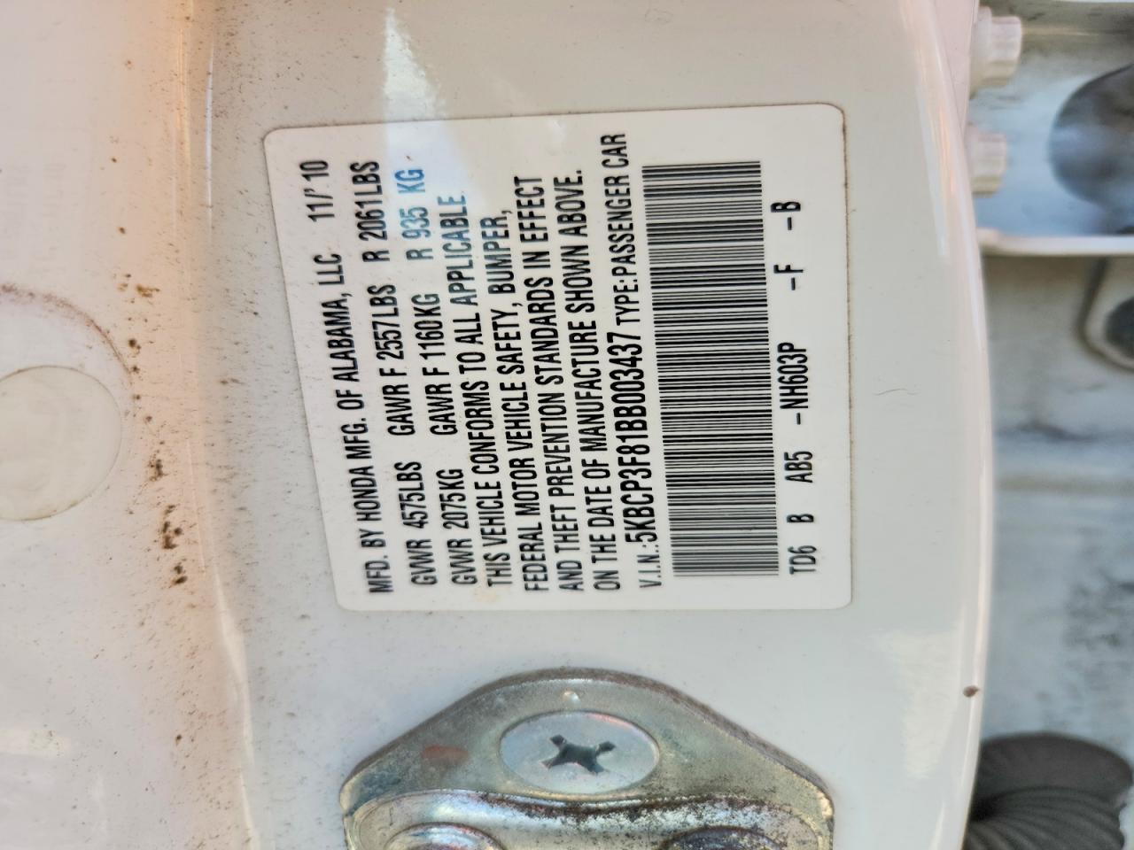 2011 Honda Accord Exl White vin: 5KBCP3F81BB003437