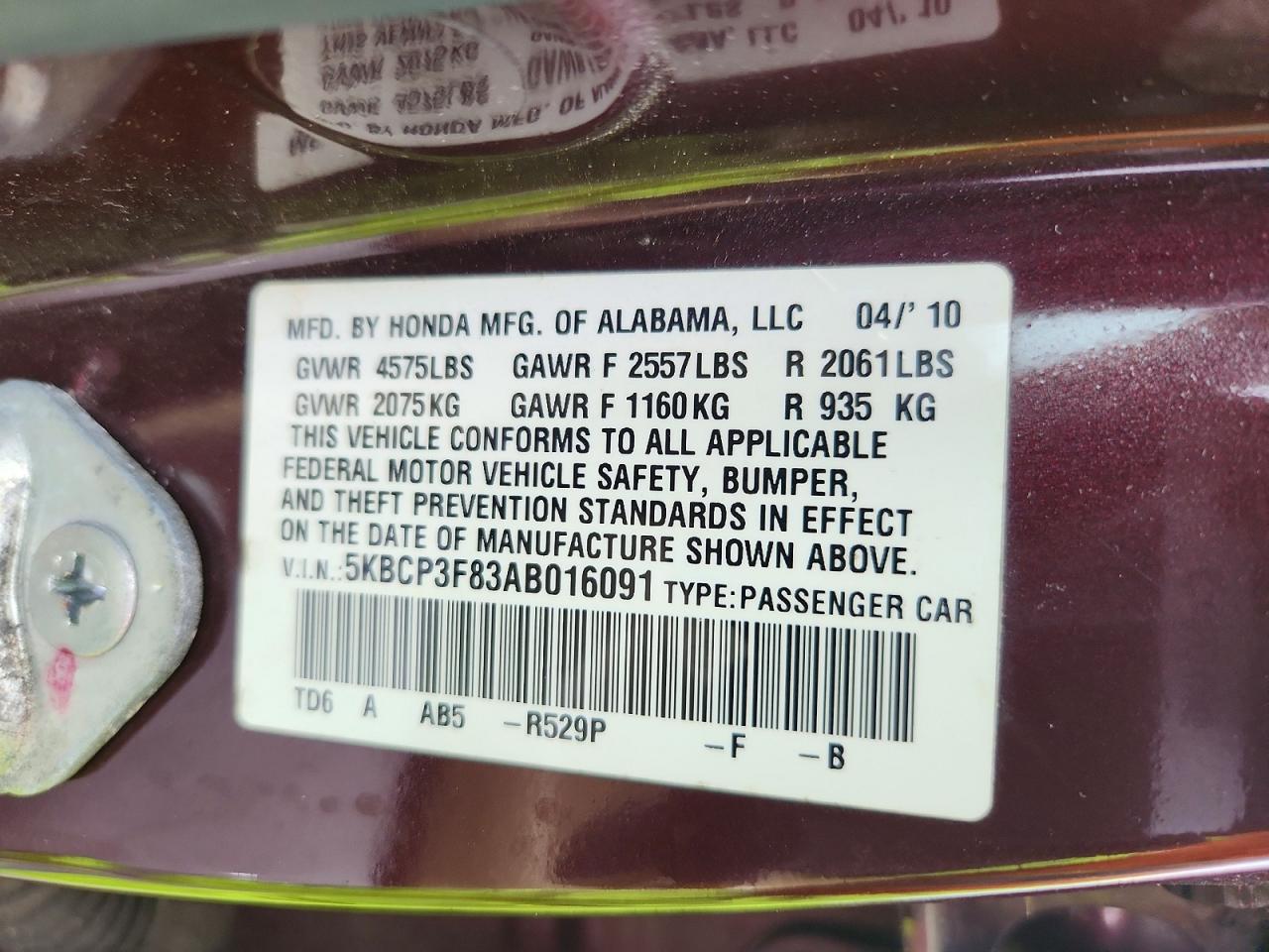 2010 Honda Accord Exl Burgundy vin: 5KBCP3F83AB016091