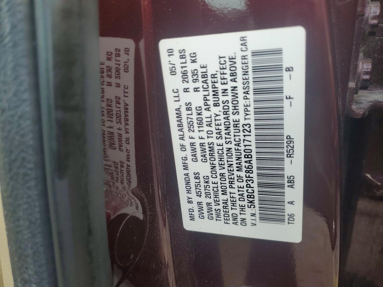2010 Honda Accord Exl Бордовый vin: 5KBCP3F86AB017123