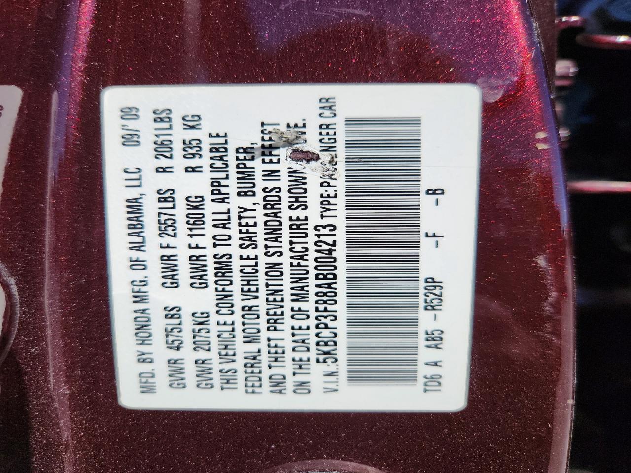 2010 Honda Accord Exl Burgundy vin: 5KBCP3F88AB004213