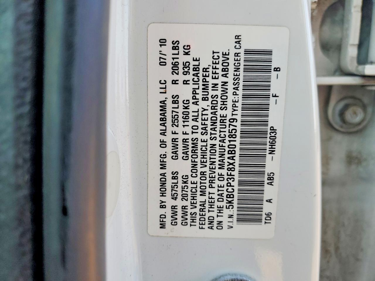 2010 Honda Accord Exl White vin: 5KBCP3F8XAB018579