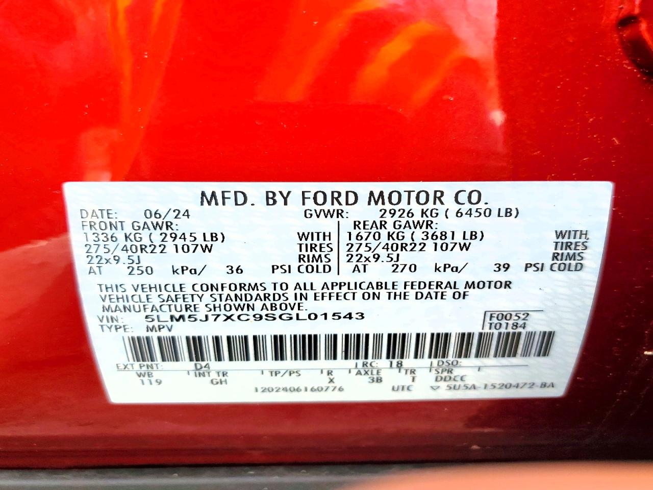 2025 Lincoln Aviator Reserve Red vin: 5LM5J7XC9SGL01543