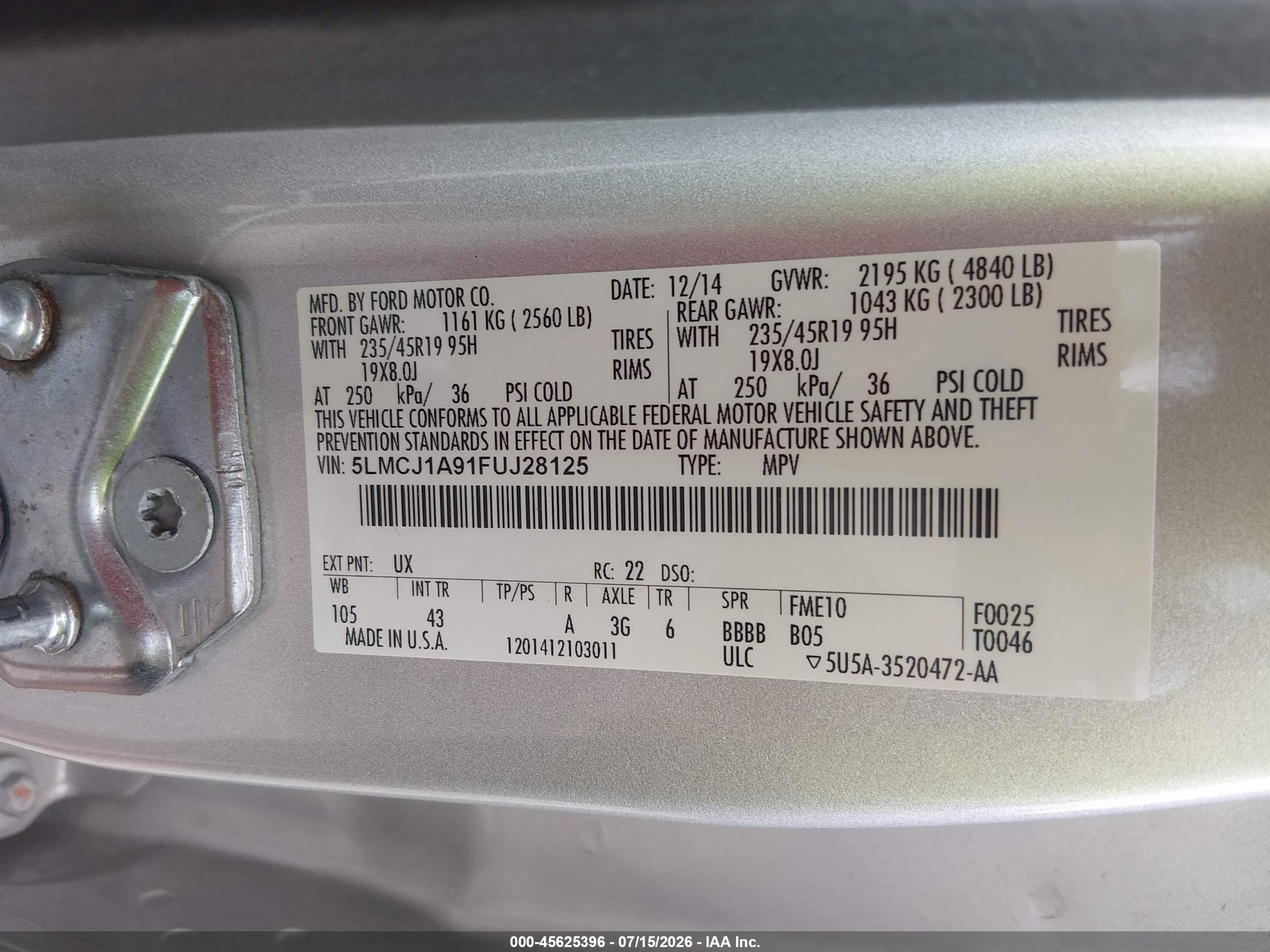 2015 Lincoln Mkc   Silver vin: 5LMCJ1A91FUJ28125