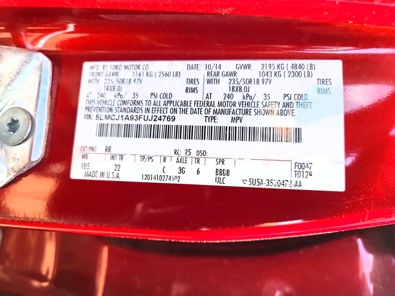 2015 Lincoln Mkc Red vin: 5LMCJ1A93FUJ24769