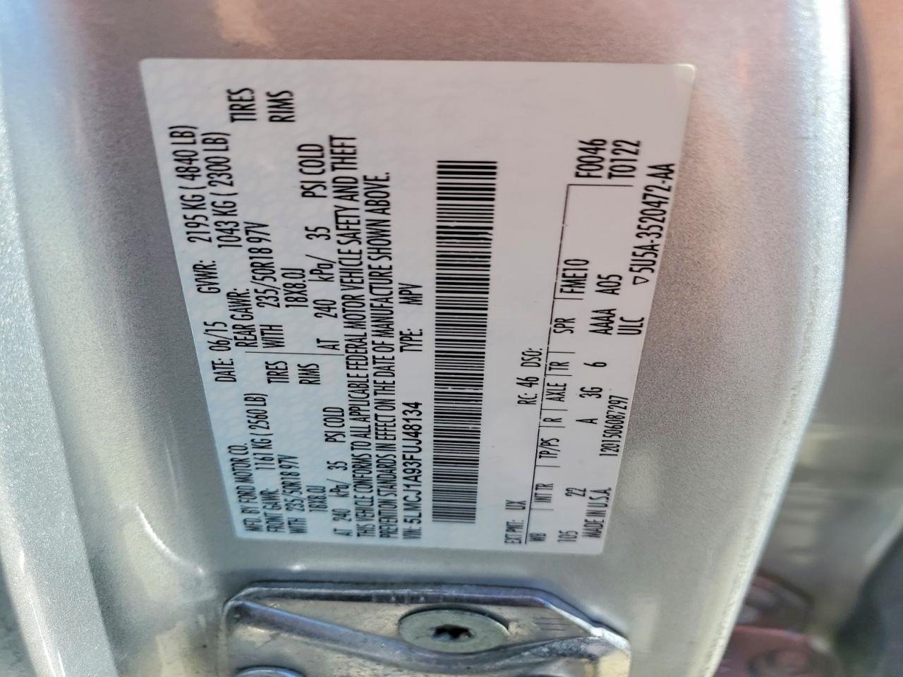 2015 Lincoln Mkc Silver vin: 5LMCJ1A93FUJ48134