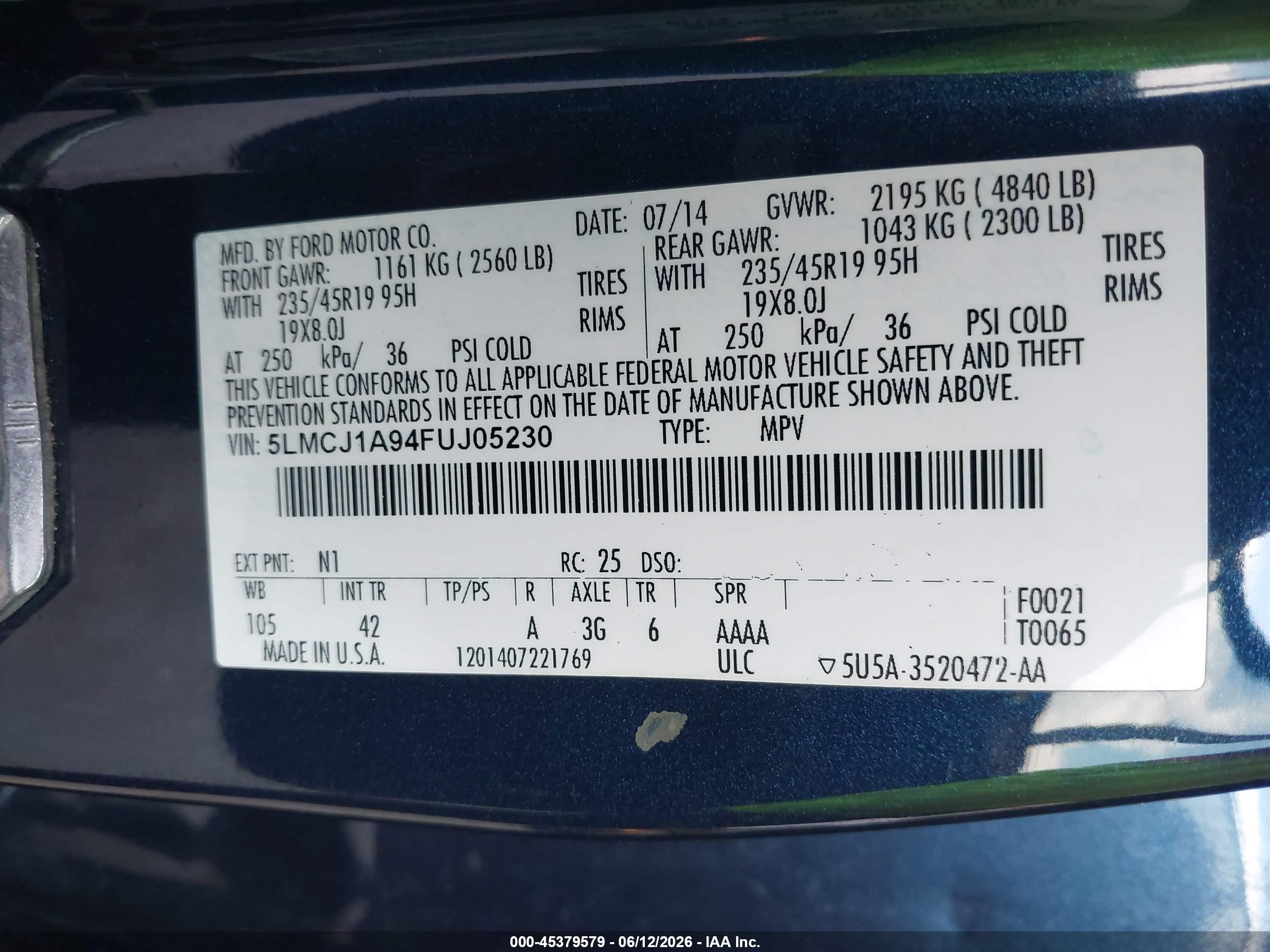 2015 Lincoln Mkc   Синий vin: 5LMCJ1A94FUJ05230