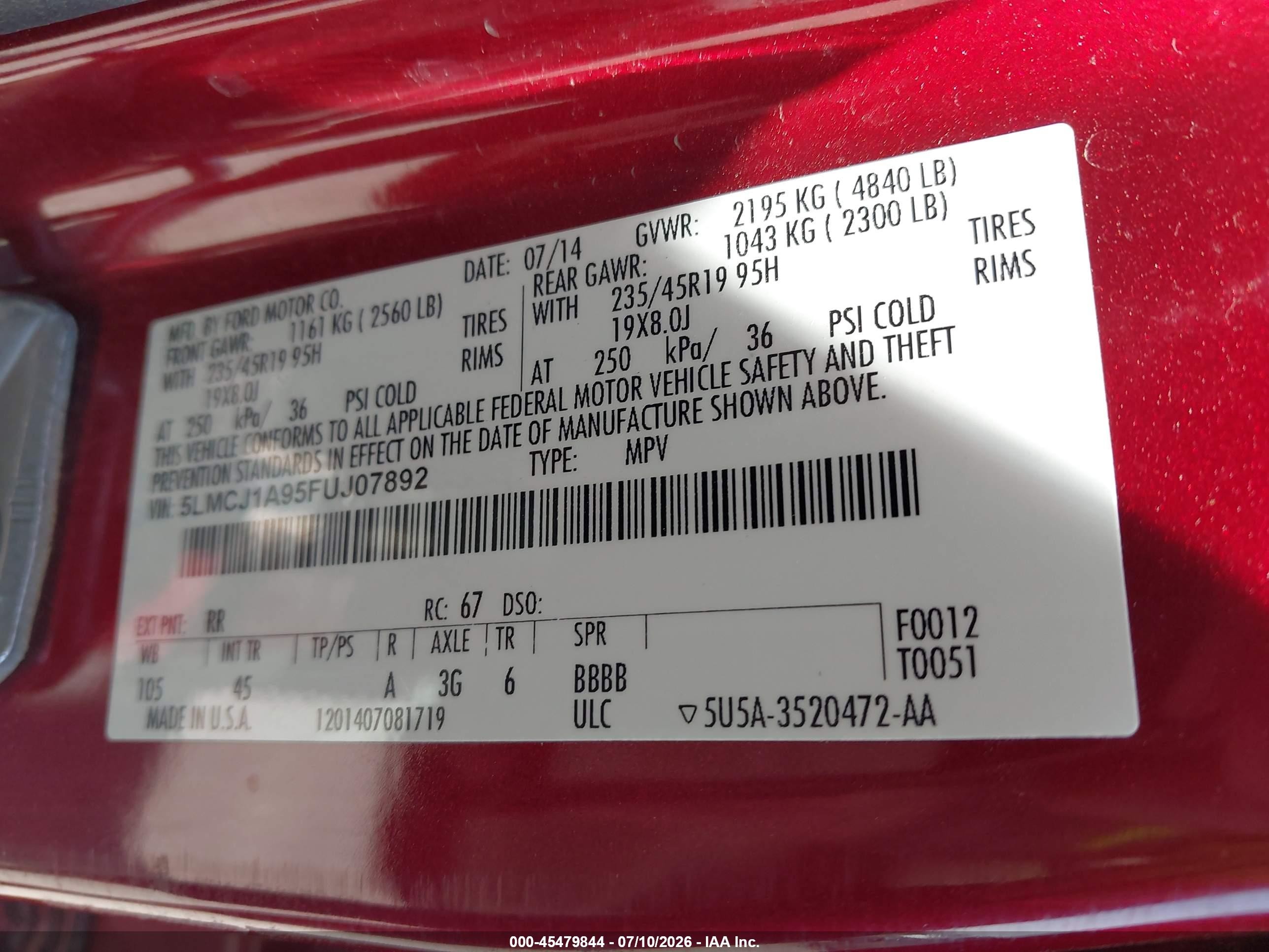 2015 Lincoln Mkc Red vin: 5LMCJ1A95FUJ07892