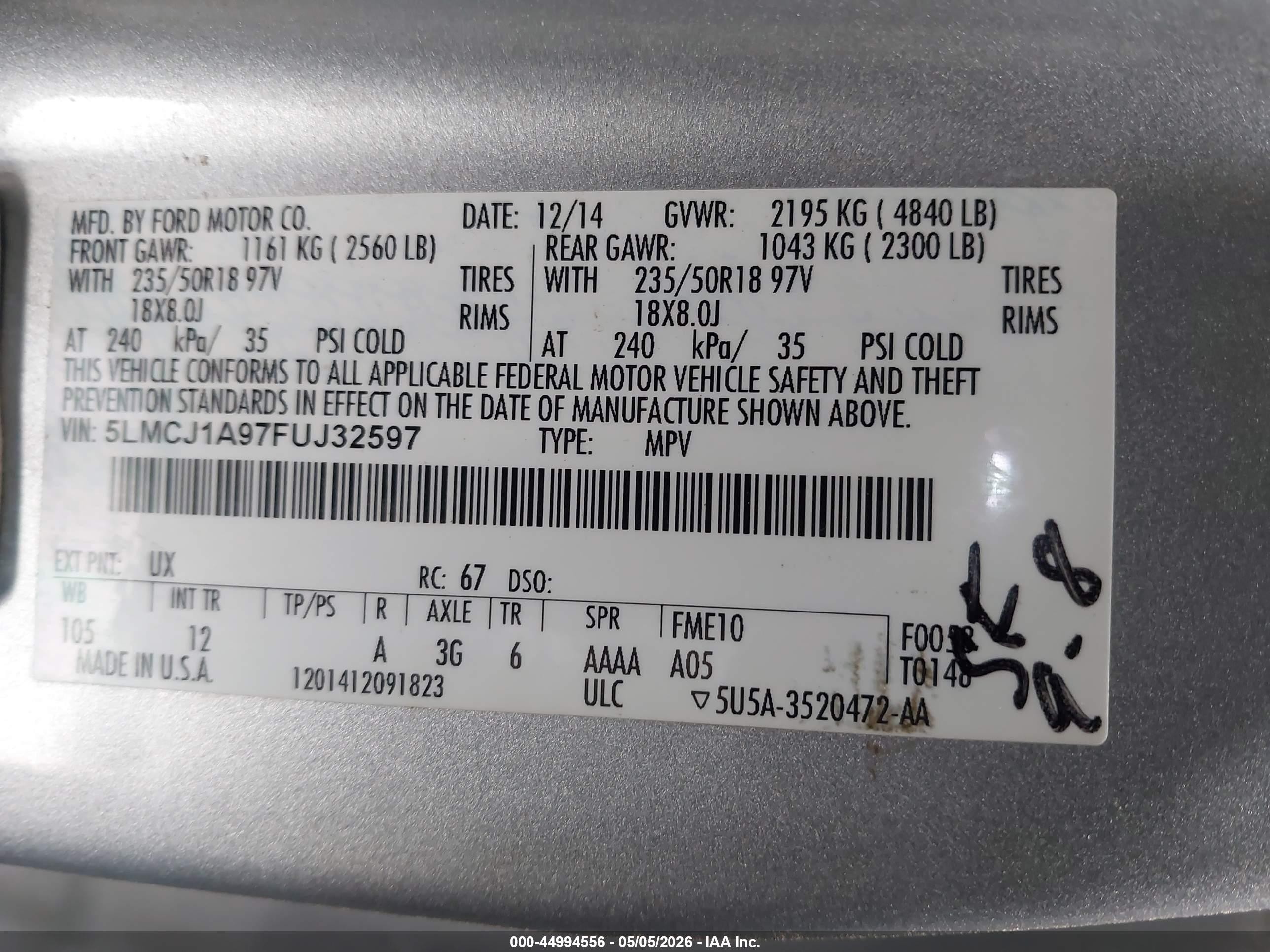 2015 Lincoln Mkc   Silver vin: 5LMCJ1A97FUJ32597
