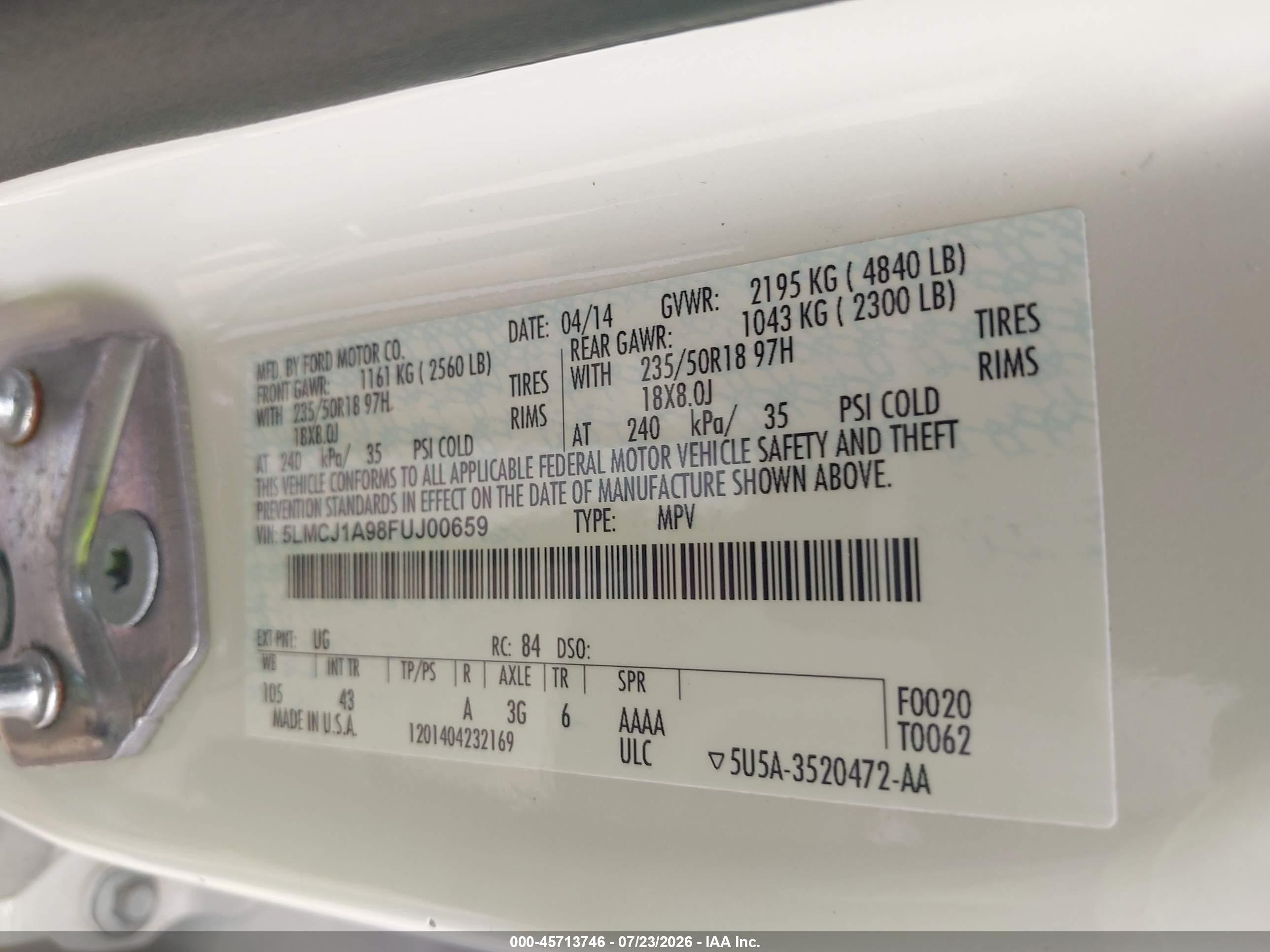 2015 Lincoln Mkc   White vin: 5LMCJ1A98FUJ00659