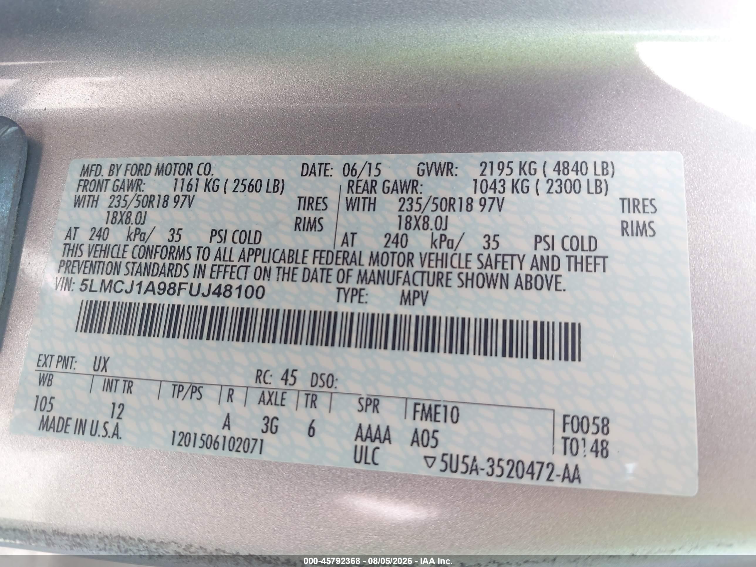 2015 Lincoln Mkc   Silver vin: 5LMCJ1A98FUJ48100